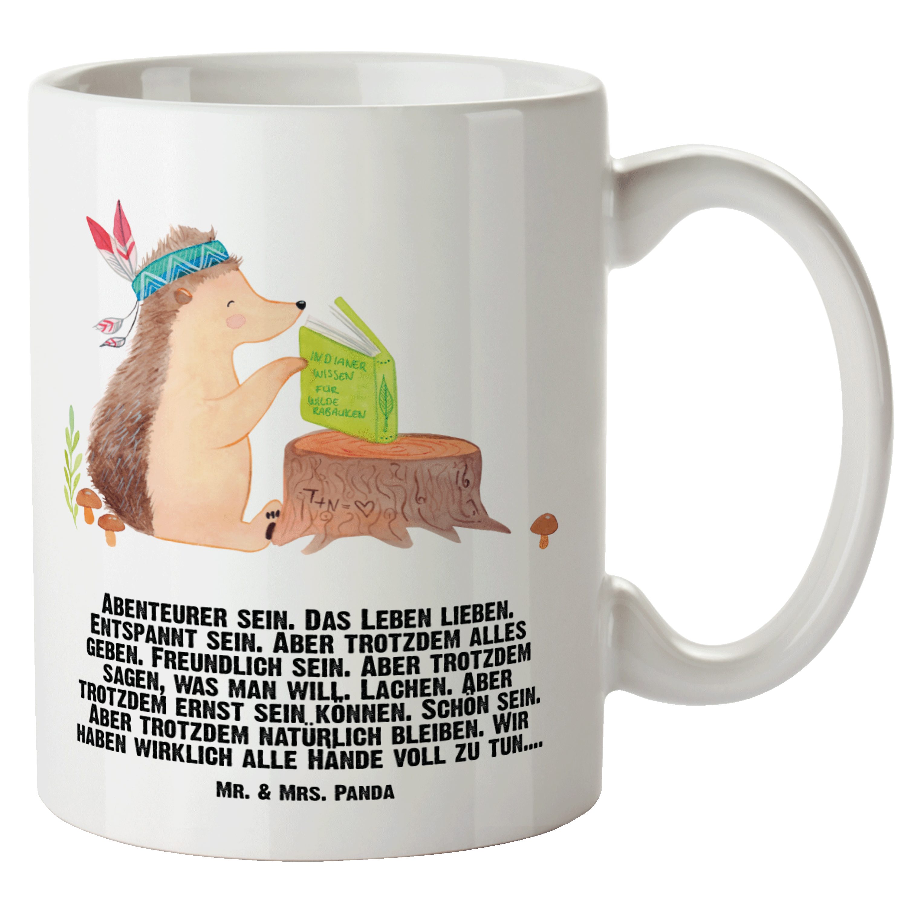 Mr. & Mrs. Panda Tasse Igel mit Federkopfschmuck - Weiß - Geschenk, XL Teetasse, Waldtiere, XL Tasse Keramik | Tassen