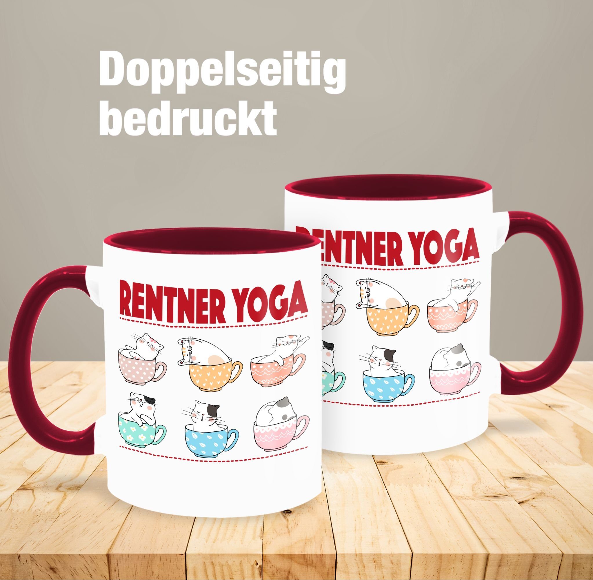 Keramik, in Geschenk Shirtracer Kaffeetasse Yoga Tassen, 1 Rente Katzen Rentner Tasse Bordeauxrot