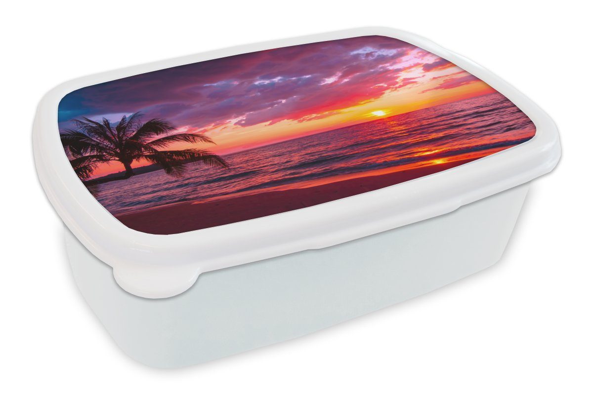 MuchoWow Lunchbox Sonne - Horizont - Rosa - Palme - Meer, Kunststoff, (2-tlg), Brotbox für Kinder und Erwachsene, Brotdose, für Jungs und Mädchen weiß