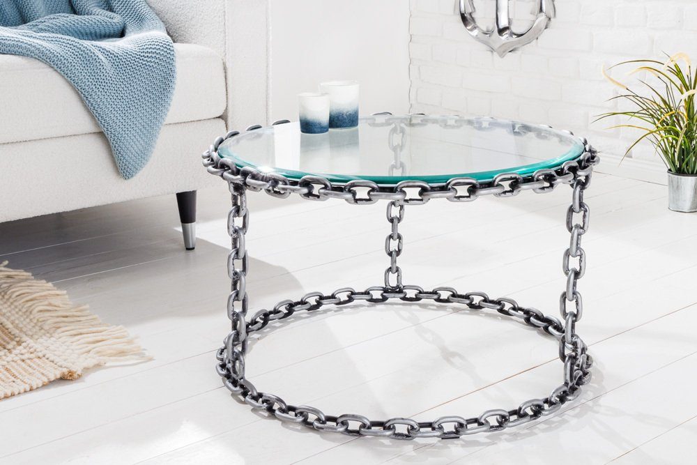 riess-ambiente Couchtisch CHAINS 65cm transparent / silber - Metall, Glasplatte, Kettengestell (Einzelartikel, 1-St), runder handgefertigter Beistelltisch- ideal f. extravagante Wohnzimmer