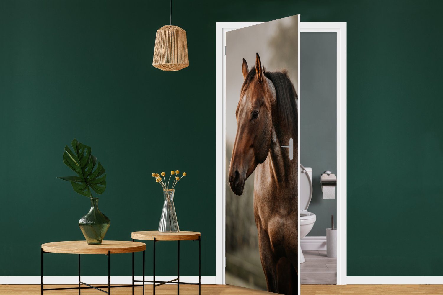 Türtapete Fototapete Tür, (1 Matt, - für St), Pferd Wald, cm Licht - Türaufkleber, bedruckt, 75x205 MuchoWow