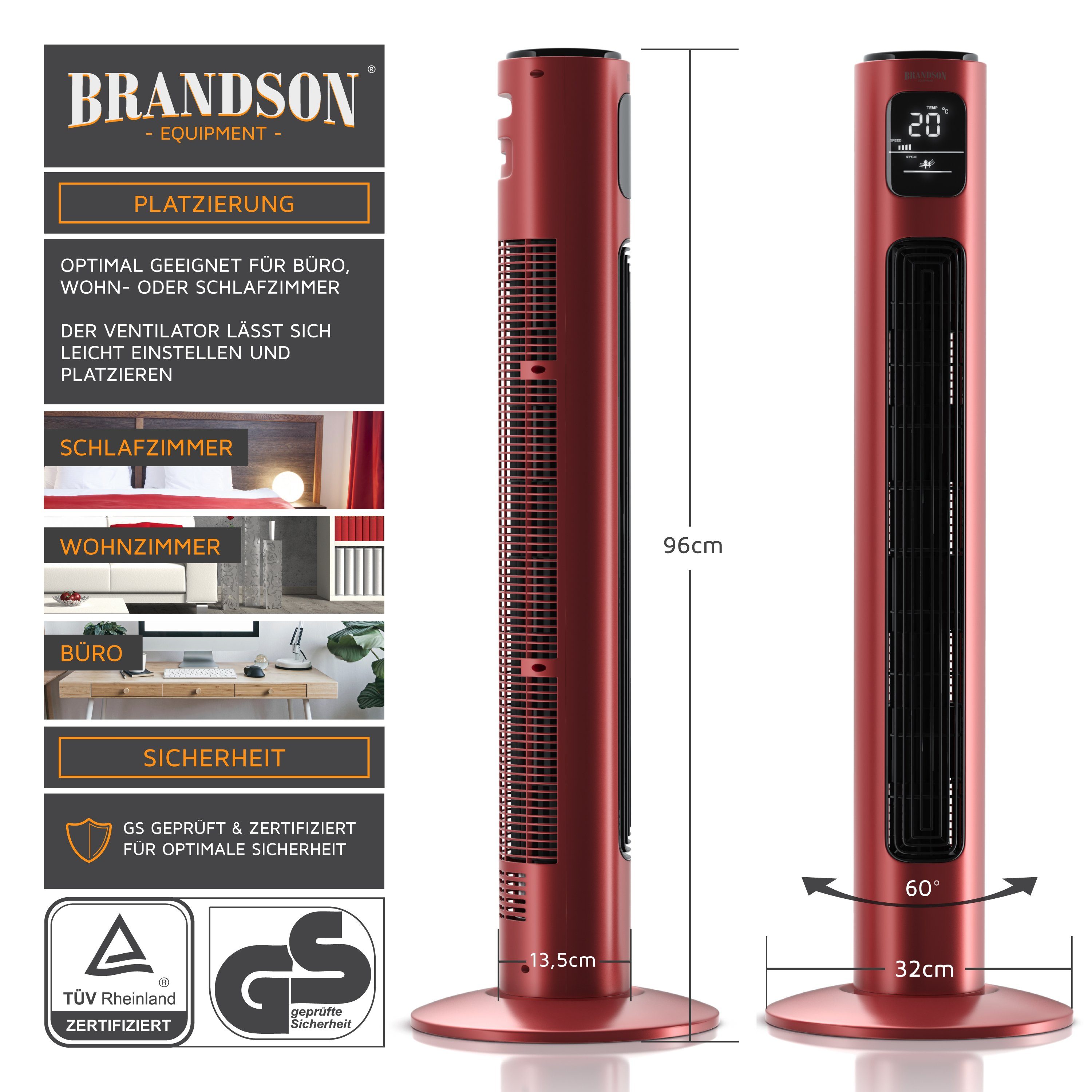 Brandson Oszillation Turmventilator, 96cm, Rubinrot 65°, Timer, Fernbedienung, Standventilator