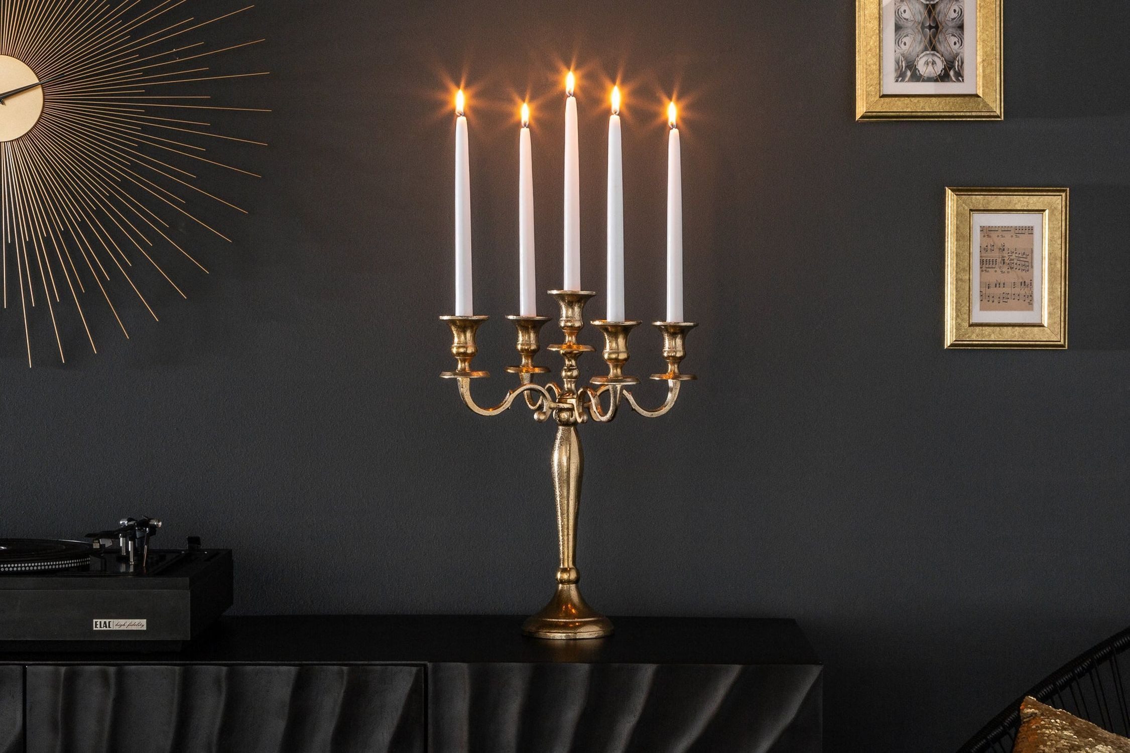 Licht-Erlebnisse Kerzenständer ATHENS, für Stabkerzen Metall in Gold 40 cm hoch 5-armig