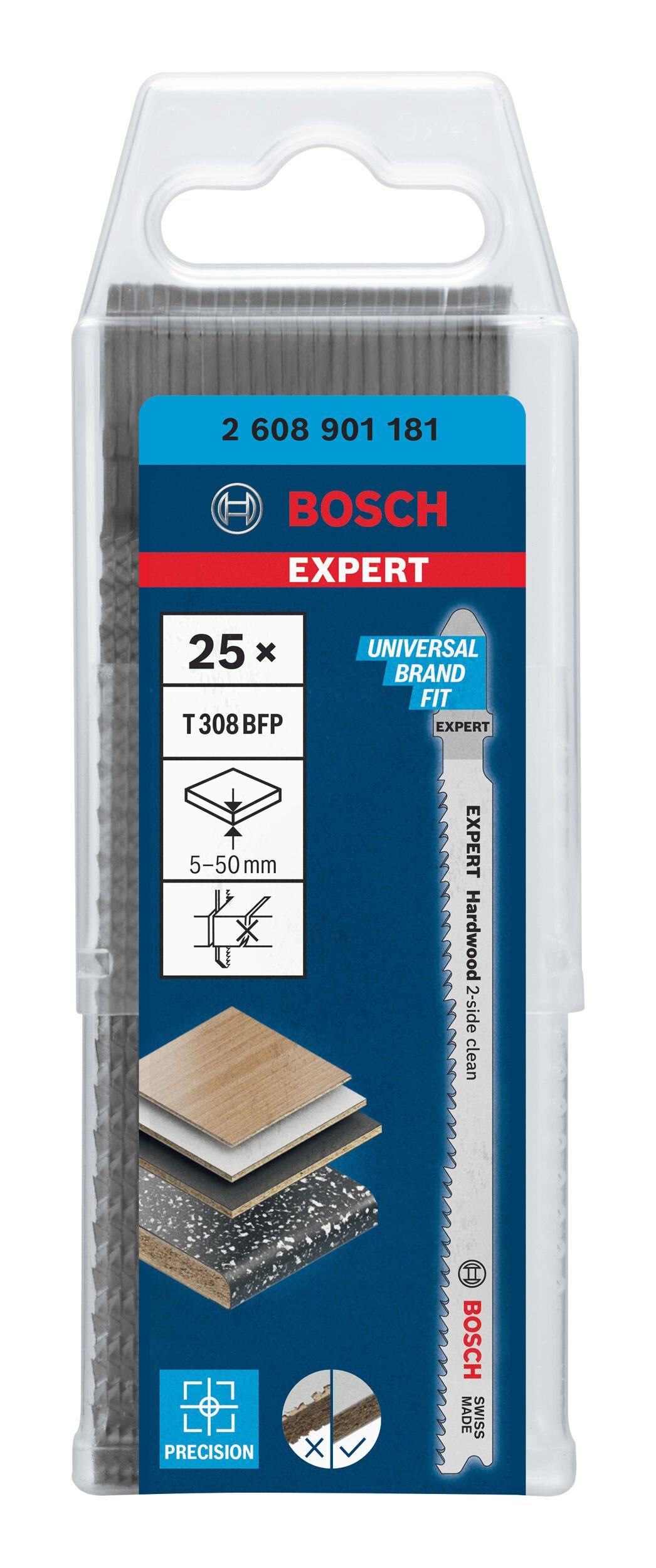 308 (25 Wood Hard Expert BOSCH - Stichsägeblatt T for 2-side Precision 25er-Pack Hardwood Expert Stück), BFP