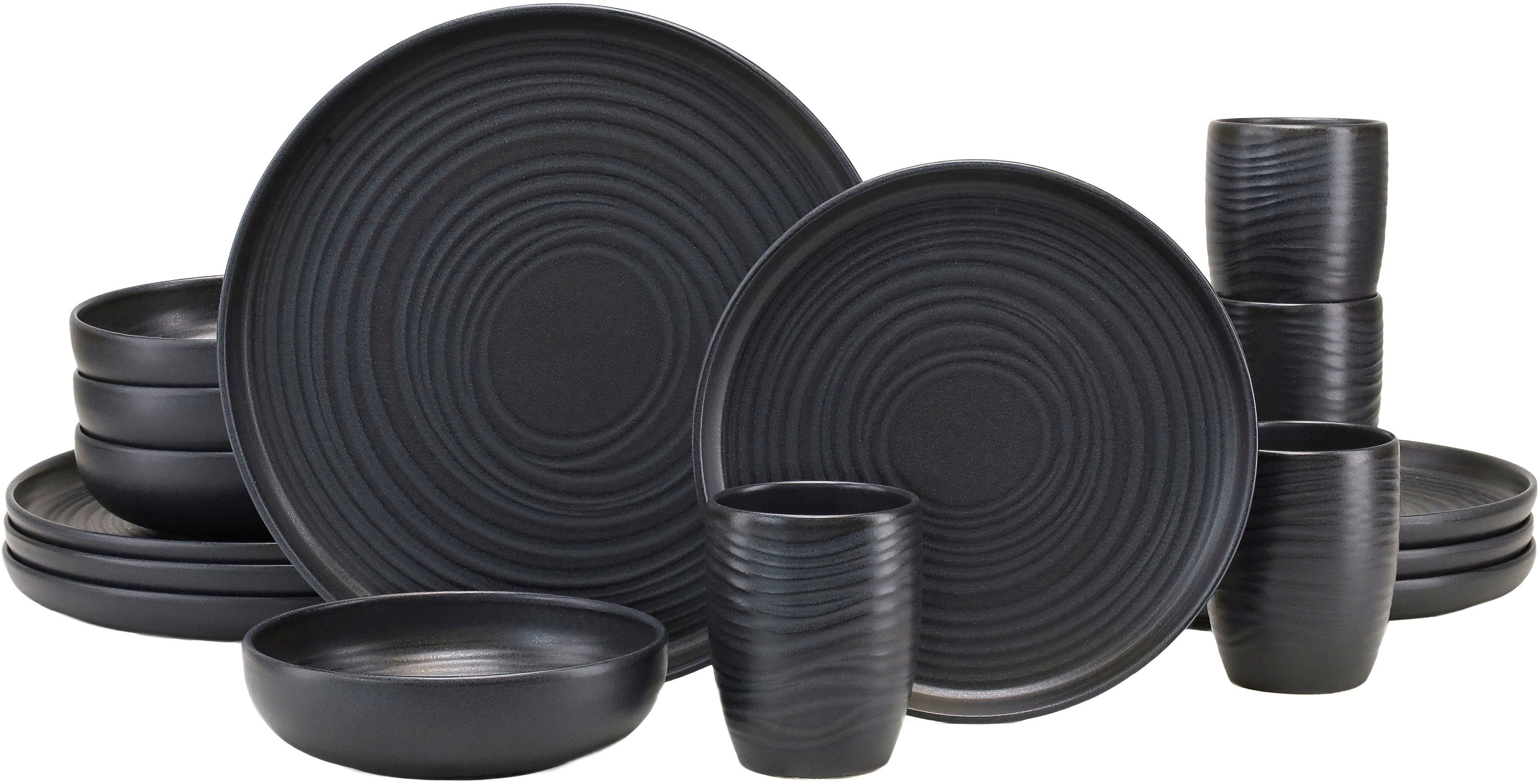 CreaTable Kombiservice Uno (16-tlg), 4 Personen, Steinzeug, seidenmatte Oberfläche, jedes Stück ein Unikat