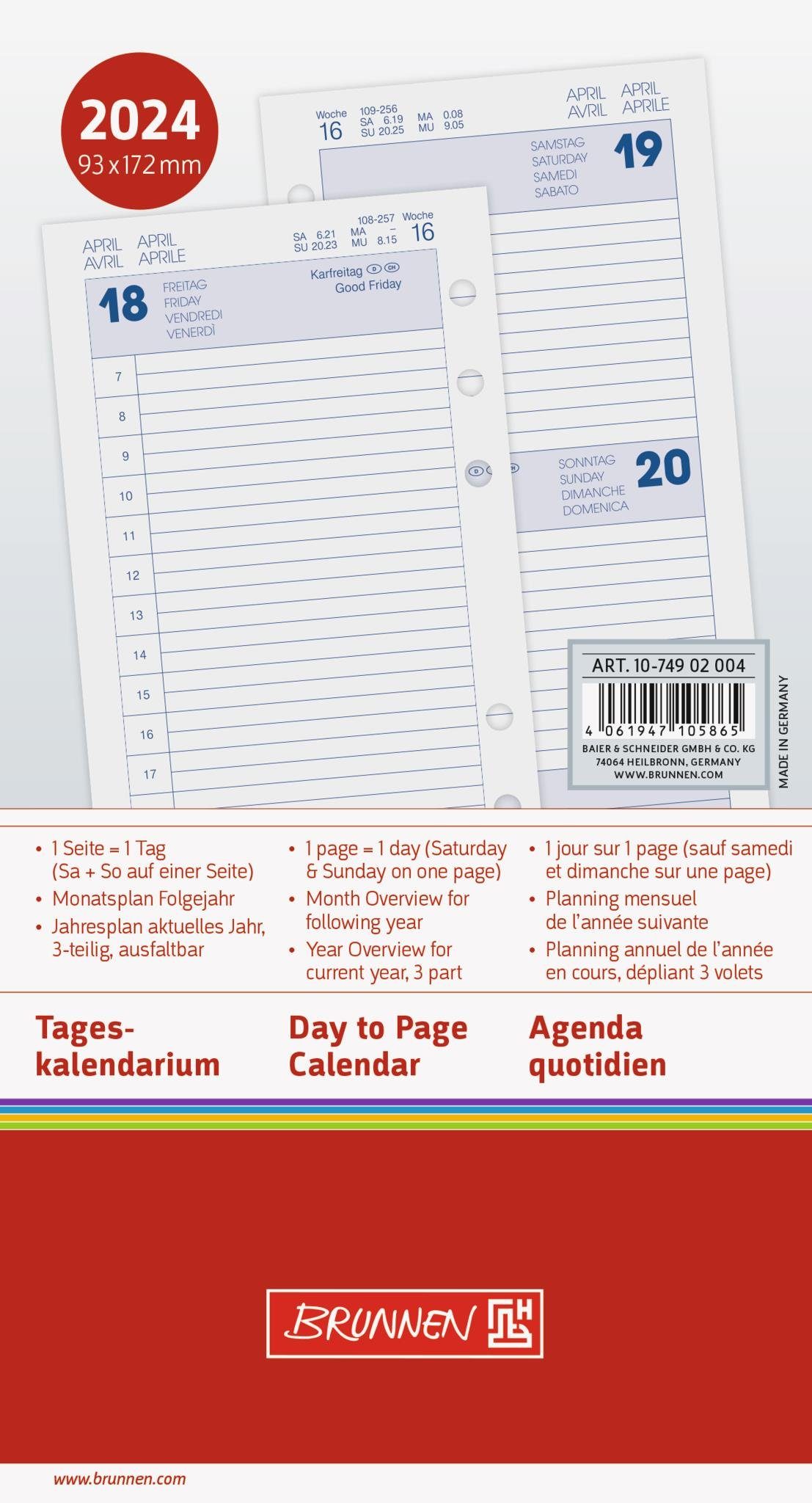 BRUNNEN Monatskalender BRUNNEN 1074902004 Tageskalendarium FILIUS (2024), 1 Seite = 1 Tag | Wandkalender