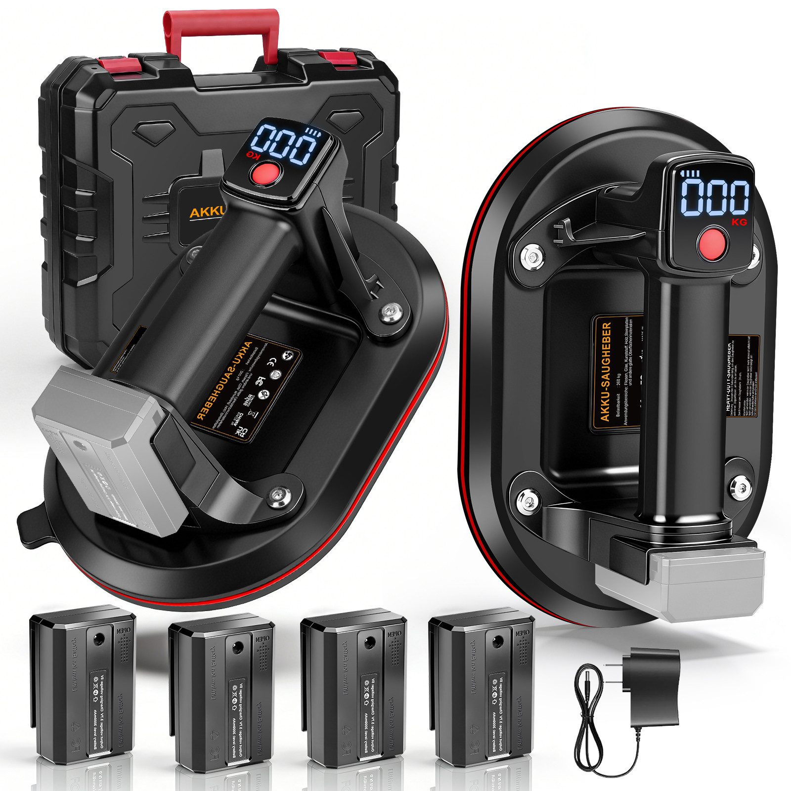 XIIW Saugheber 2X 24cm Elektrischer Fliesenheber Fliesen Marmor Akku LCD Plattenhebe, max. 260 kg Traglast, Auto-Nachsauge, 4X 3000mAh Akku, -], LCD Anzeige