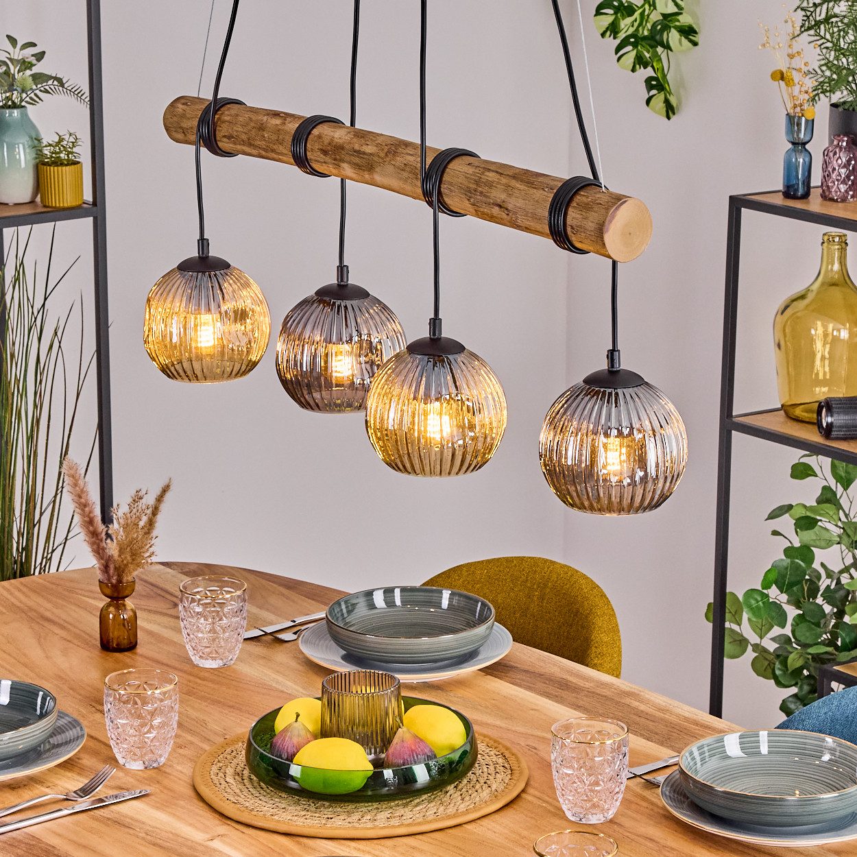 Pendelleuchte Hängelampe aus Metall/Holz/Riffelglas in Schwarz/Natur/Rauch/Bernstein