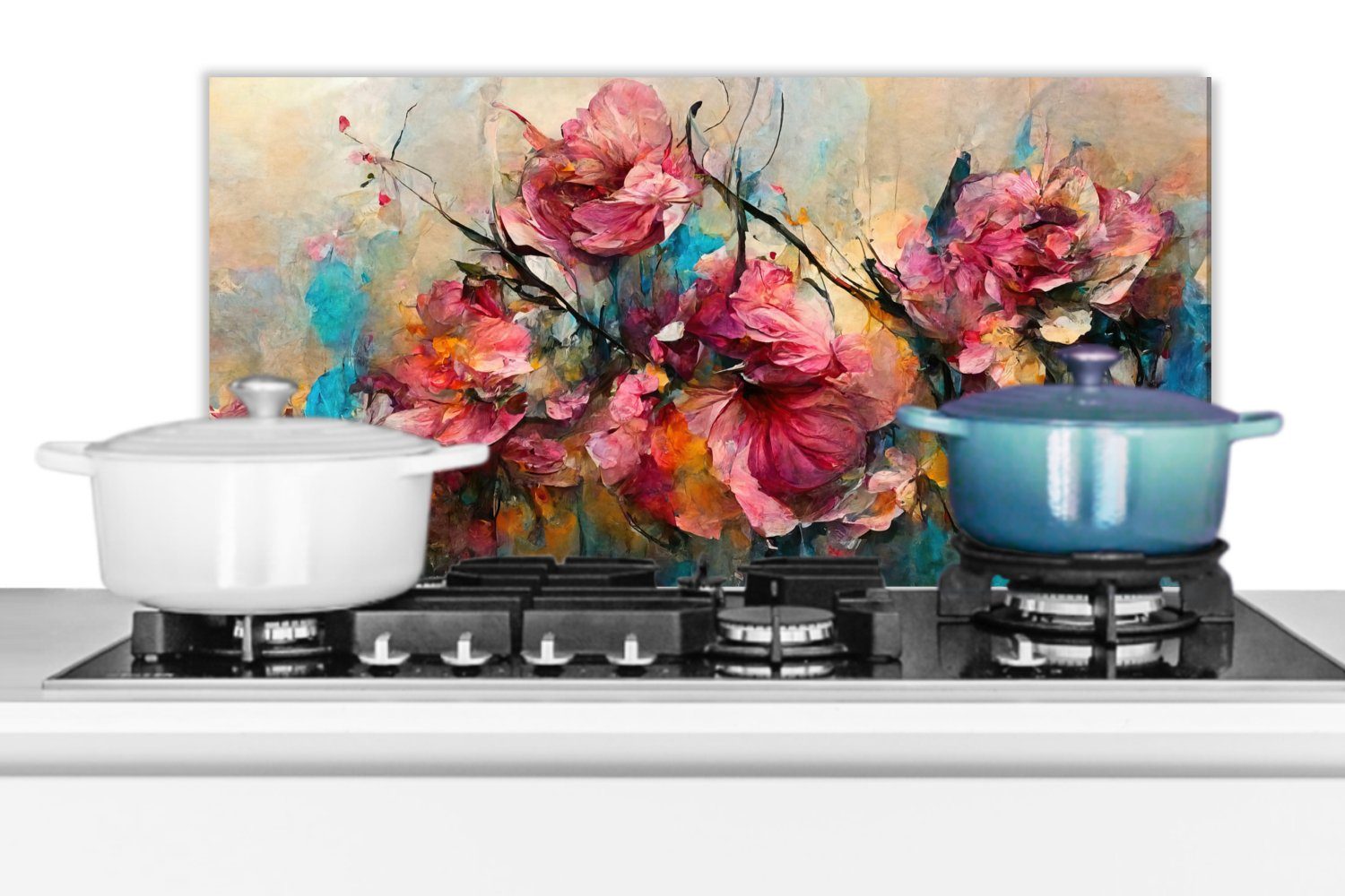Natur, Rosa Kunst Fett Küchen Rosen - - für MuchoWow Wandschutz, gegen cm, Blumen Schmutzflecken 60x30 und Küchenrückwand (1-tlg), - -