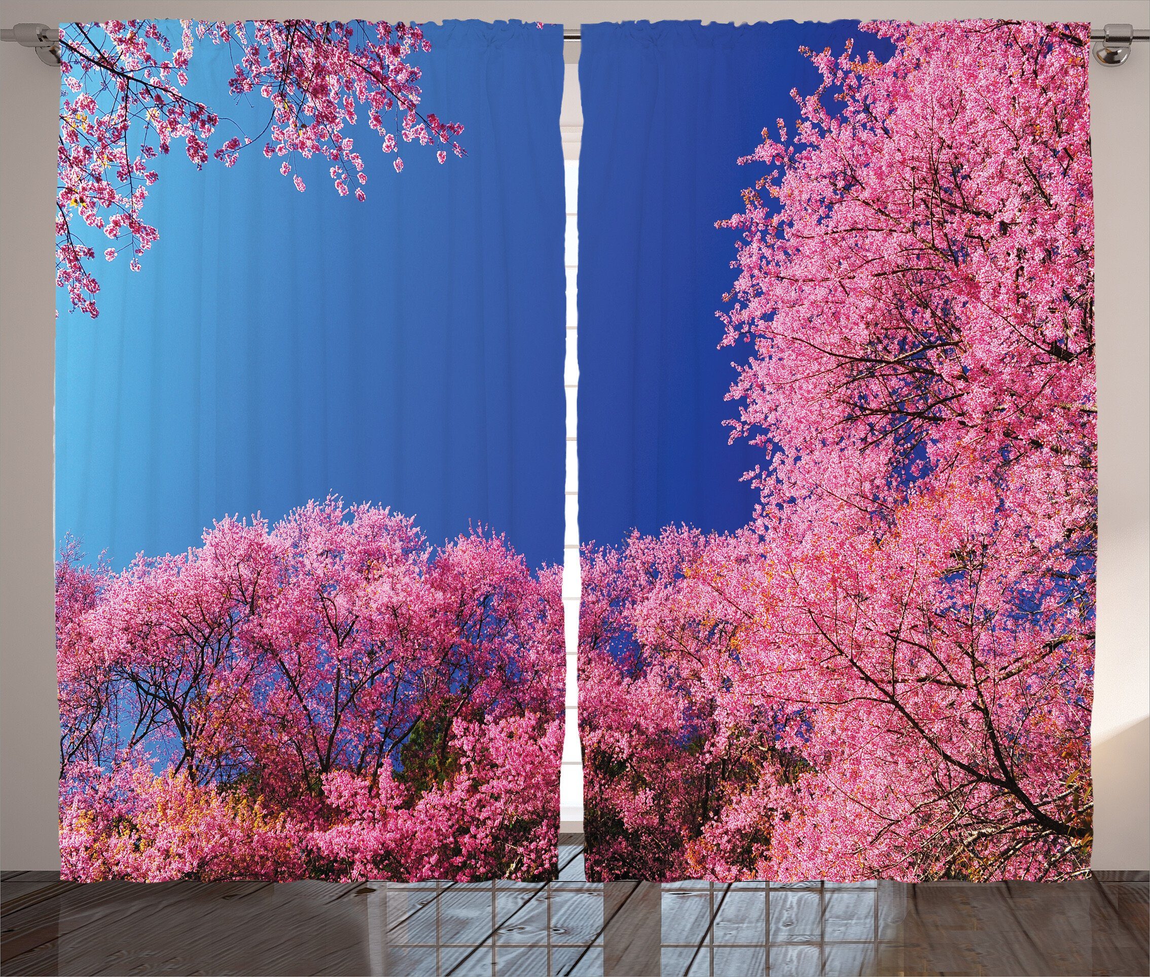 Gardine Schlafzimmer Kräuselband Vorhang Kirschblüten-Bäume Natur und Abakuhaus, mit Schlaufen Haken