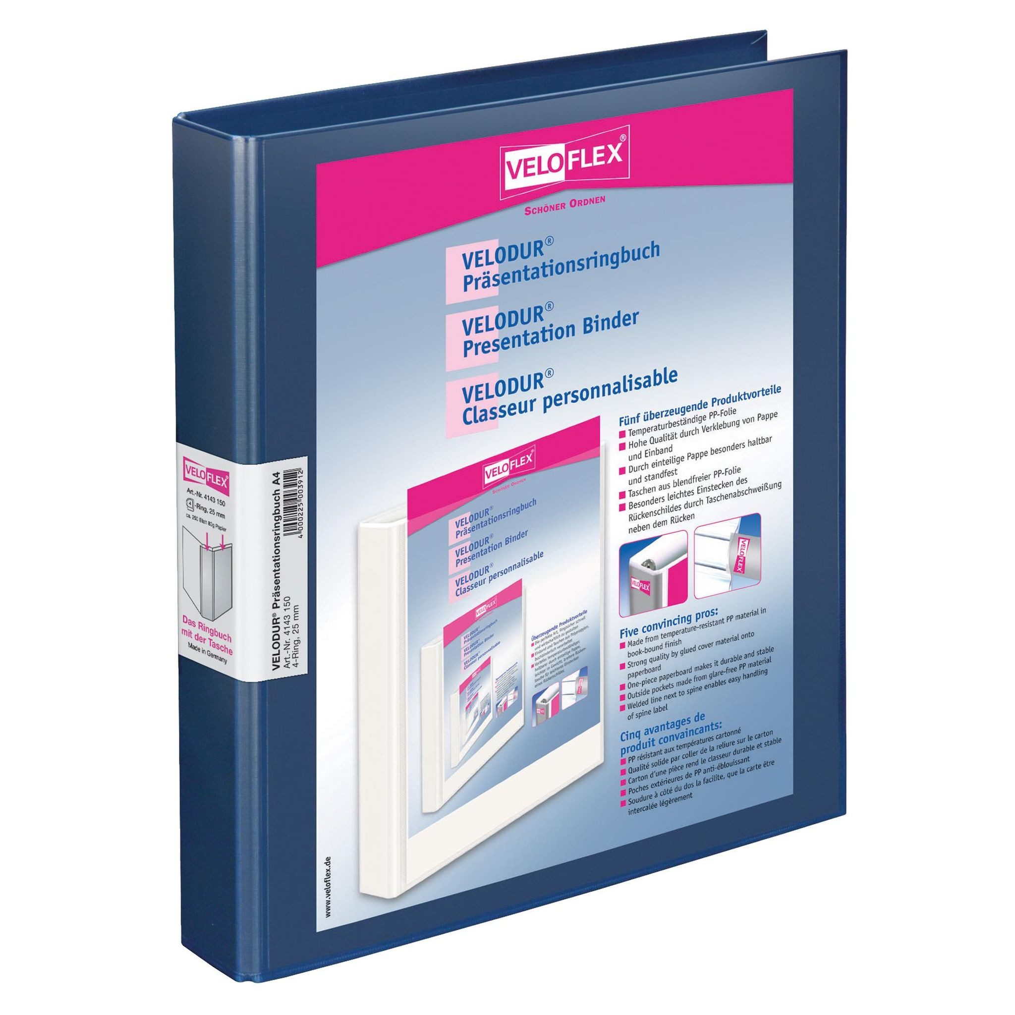 VELOFLEX Ringbuchmappe VeloflexVELODUR-Ringbuch A4 blau 4-D-Ring-Mechanik 25 mm