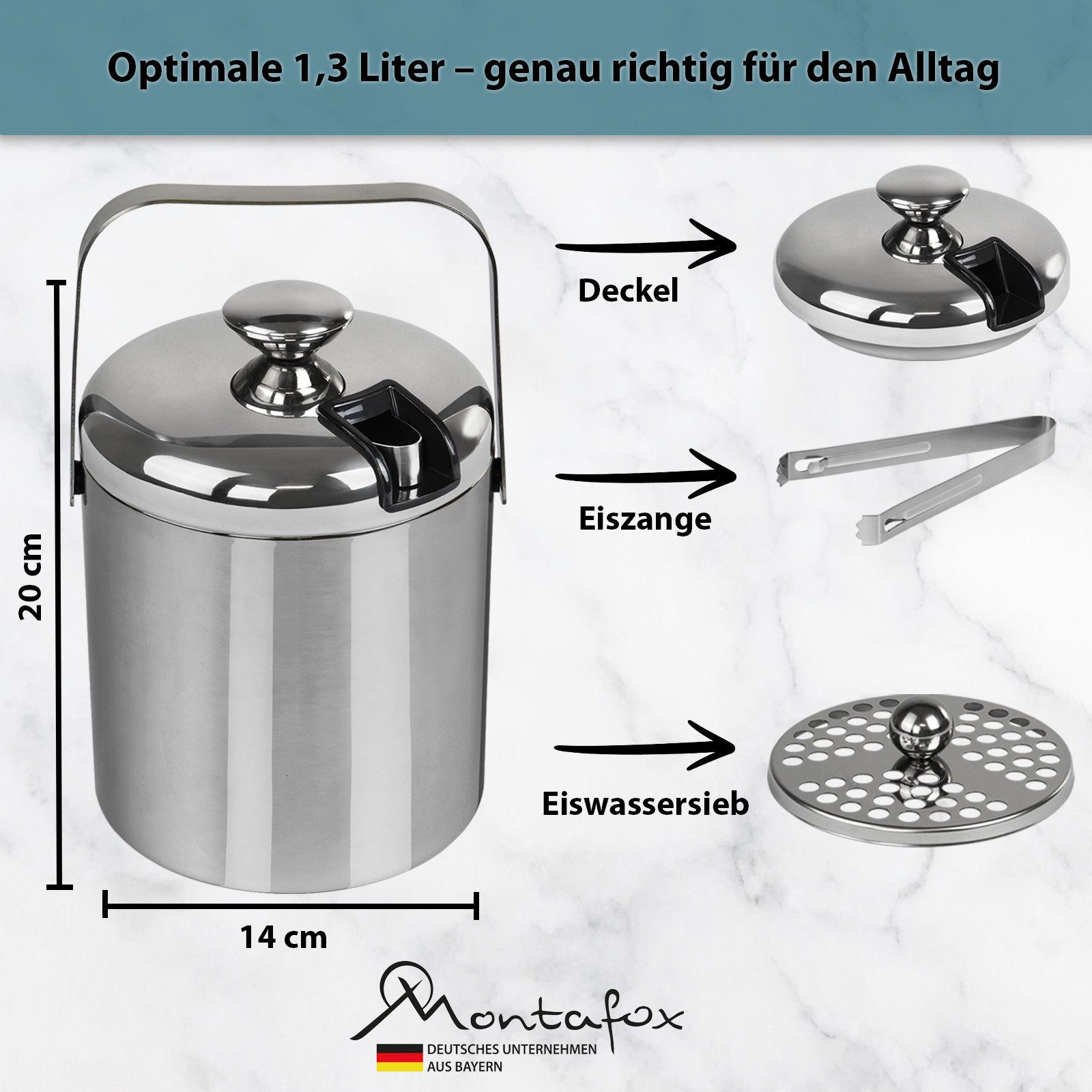 Montafox Eiswürfelbehälter Montafox Edelstahl Eiswürfelbehälter 1,3 Liter