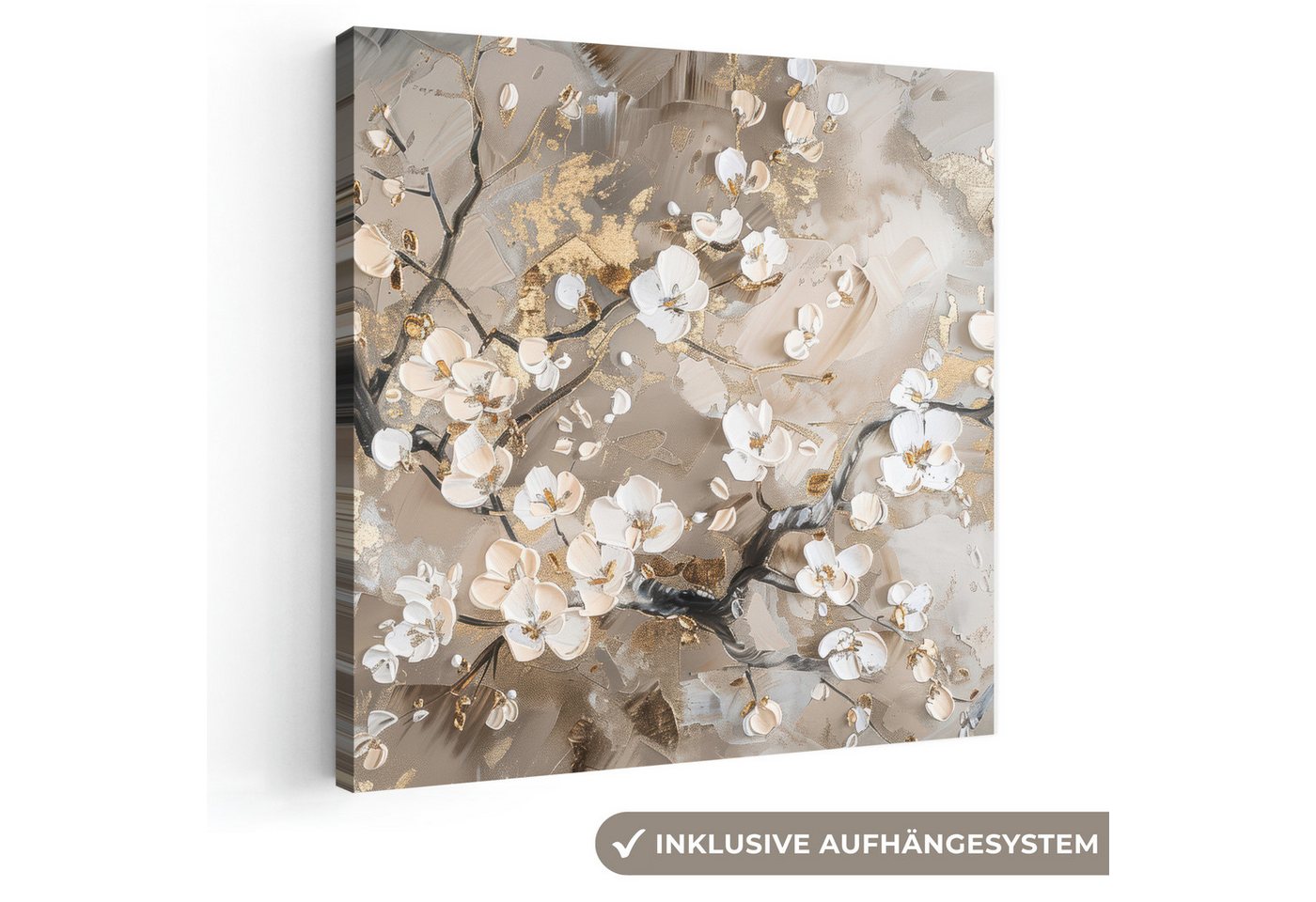 OneMillionCanvasses® Leinwandbild Blumen - Weiß - Gold - Beige - Luxus, Fotodruck (1 St), Wandbild, Deko Schlafzimmer Wohnzimmer Flur 20x20 cm