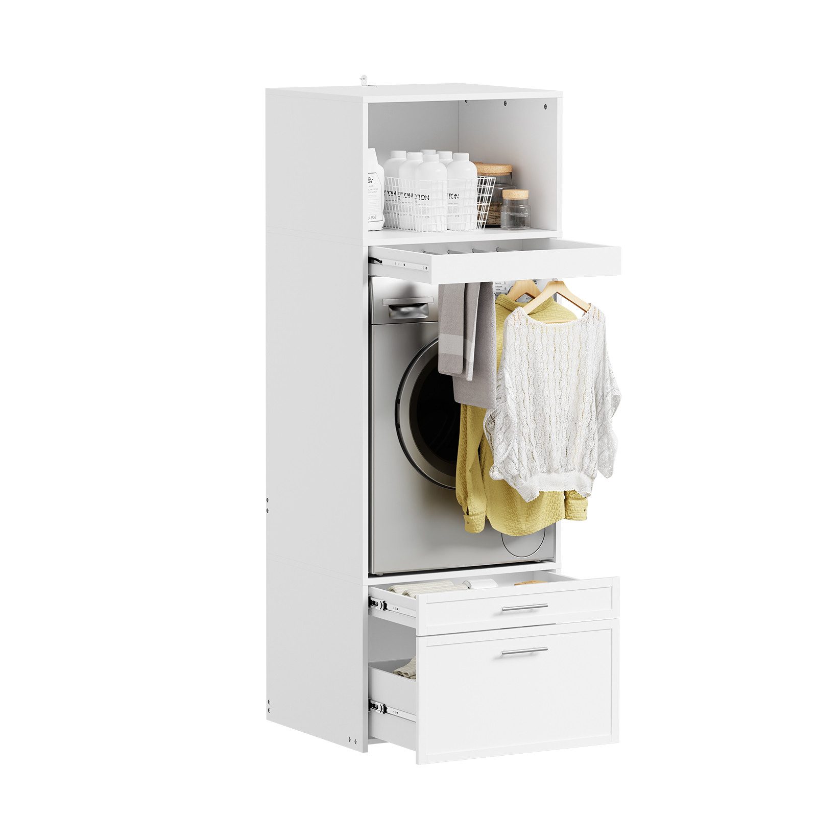 SoBuy Waschmaschinenumbauschrank BZR230, Waschmaschinenschrank mit Kleiderstange, Hochschrank (1er Set) Waschmaschinenregal mit Schublade, schmaler Überbauschrank für Bad