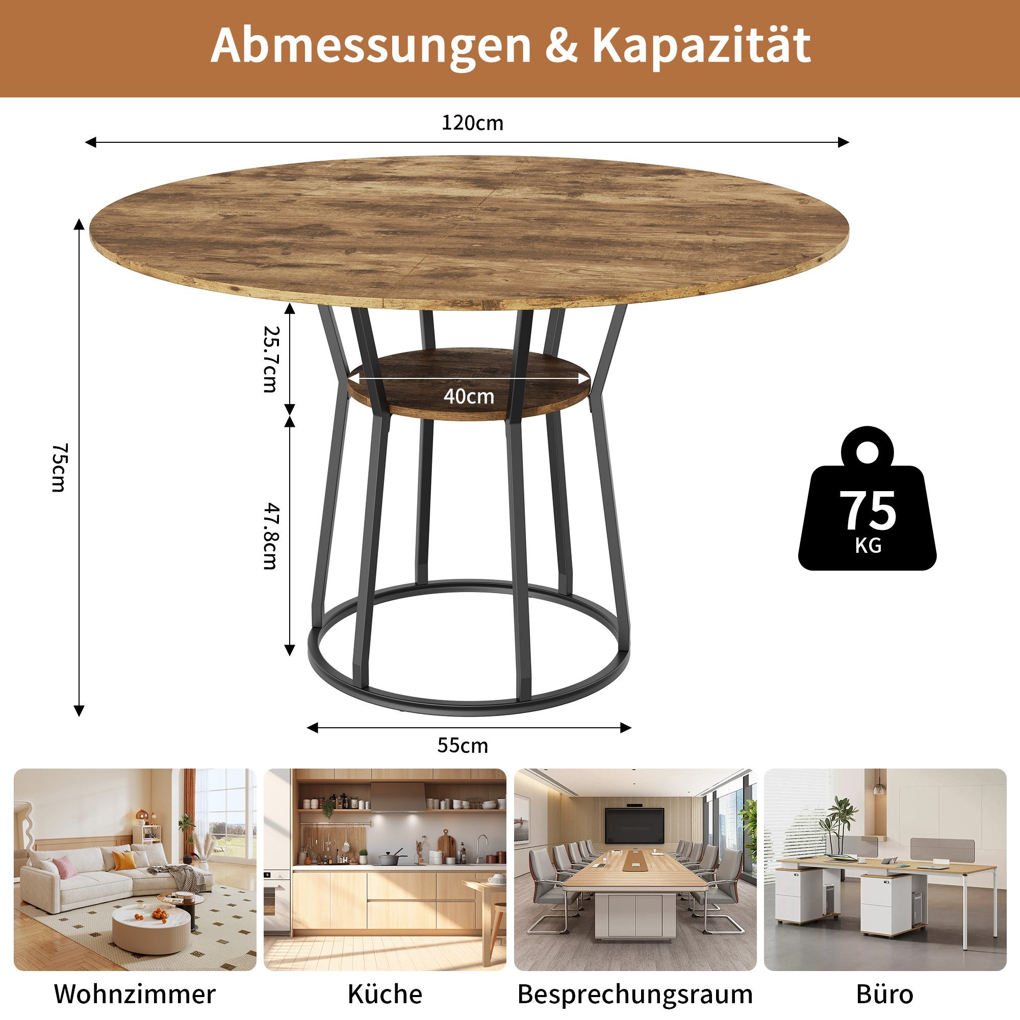 BELUPAI Esstisch Runder Esstisch, Küchentisch,Esszimmertisch (Set, 1-St., 120x75 cm, 1 Tisch,4-6 Personen), Metallgestell,Braun
