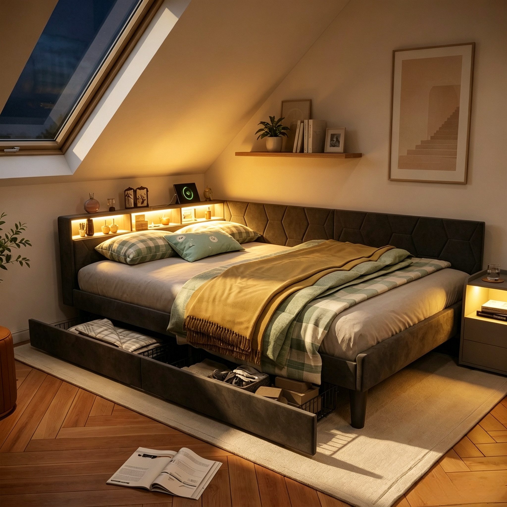PXloue Polsterbett Daybett Tagesbett Ausziehbett (LED) (Samtstoff) (1-tlg., LED-Beleuchtung, Ladestation, in 2 Größen verfügbar), 2 Schubladen, Kopfteil Verwandelt sich in ein Bett, 140x200 cm