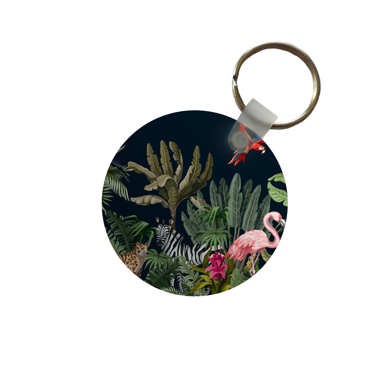 MuchoWow Schlüsselanhänger Dschungel - Pflanzen - Tiere - Kinder - Flamingo - Zebra, Rund, Geschenk für Damen / Herren / Kinder mit Schlüsselring, 5x5 cm