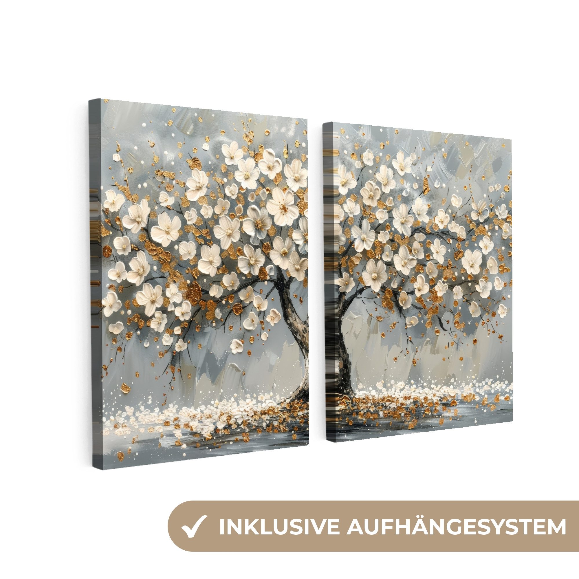 MuchoWow Leinwandbild Baum - Abstrakt - Weiß - Blüte, Fotodruck (2 St), Wand Bilder 2 Set, Deko Schlafzimmer Wohnzimmer Flur 60x40 cm