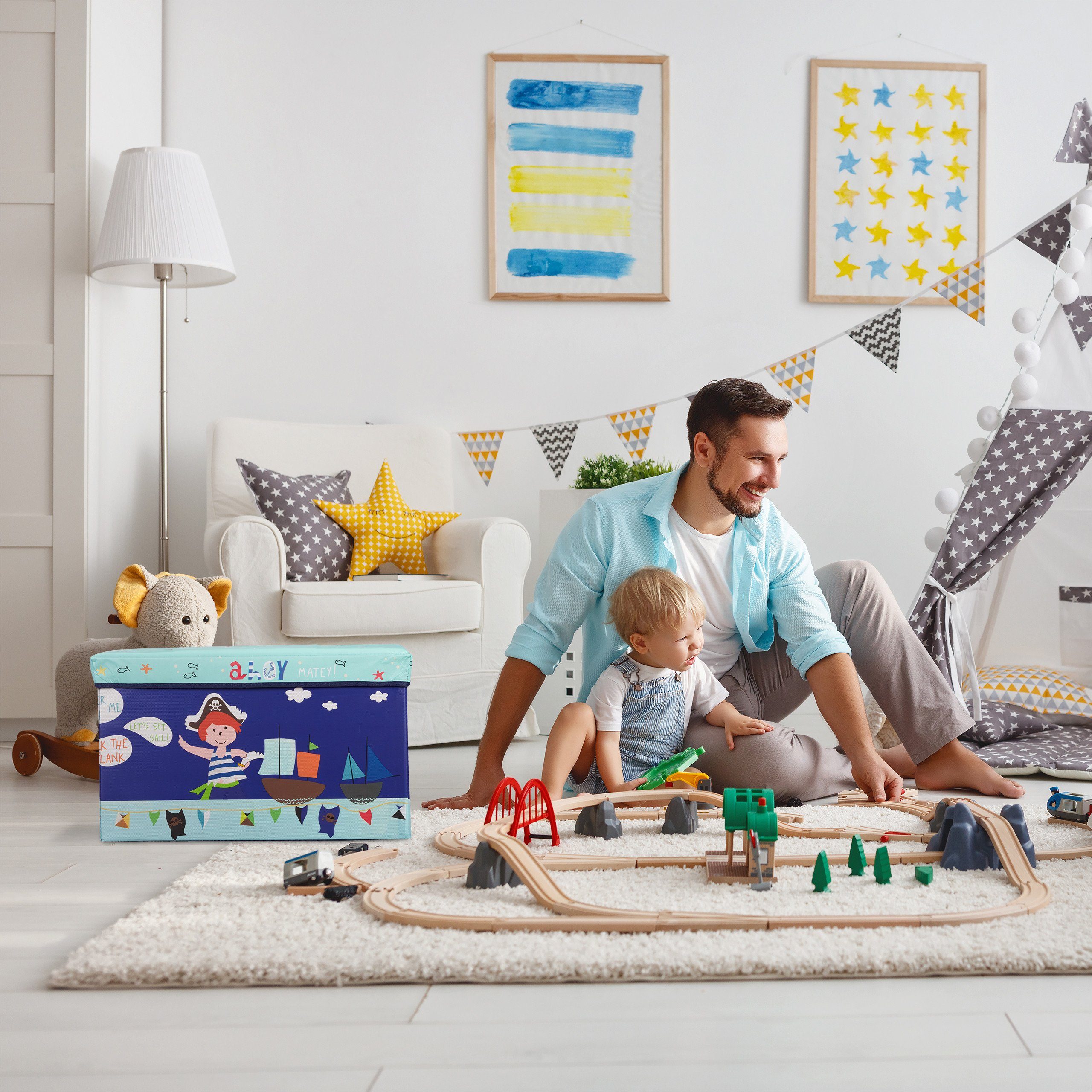 Sitzbox relaxdays Gelb Sitzhocker Treasure Dunkelblau für Kinder, Hunt Hellblau