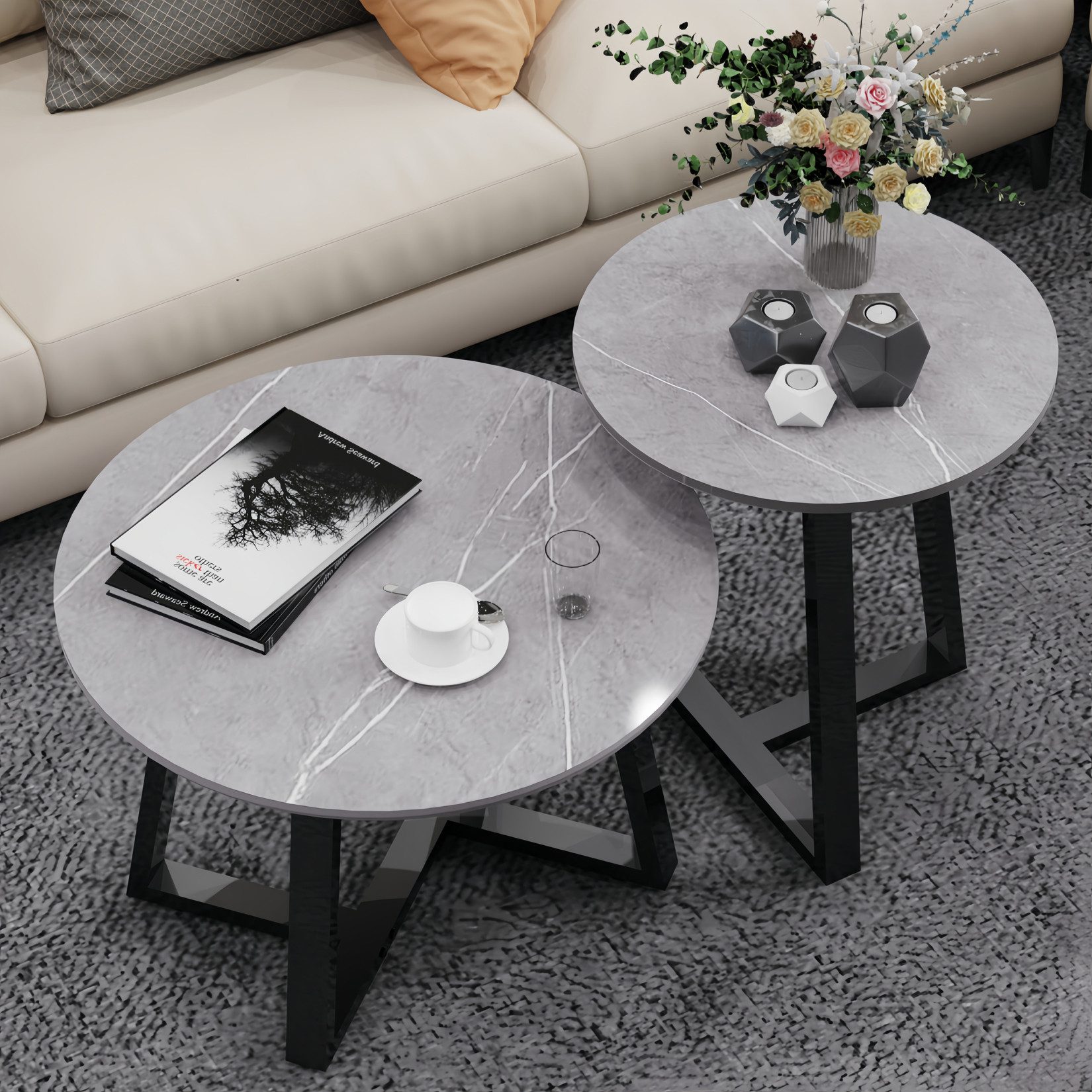 FATIVO Couchtisch Marmoroptik schwarzer Metallrahmen 2er günstig online kaufen