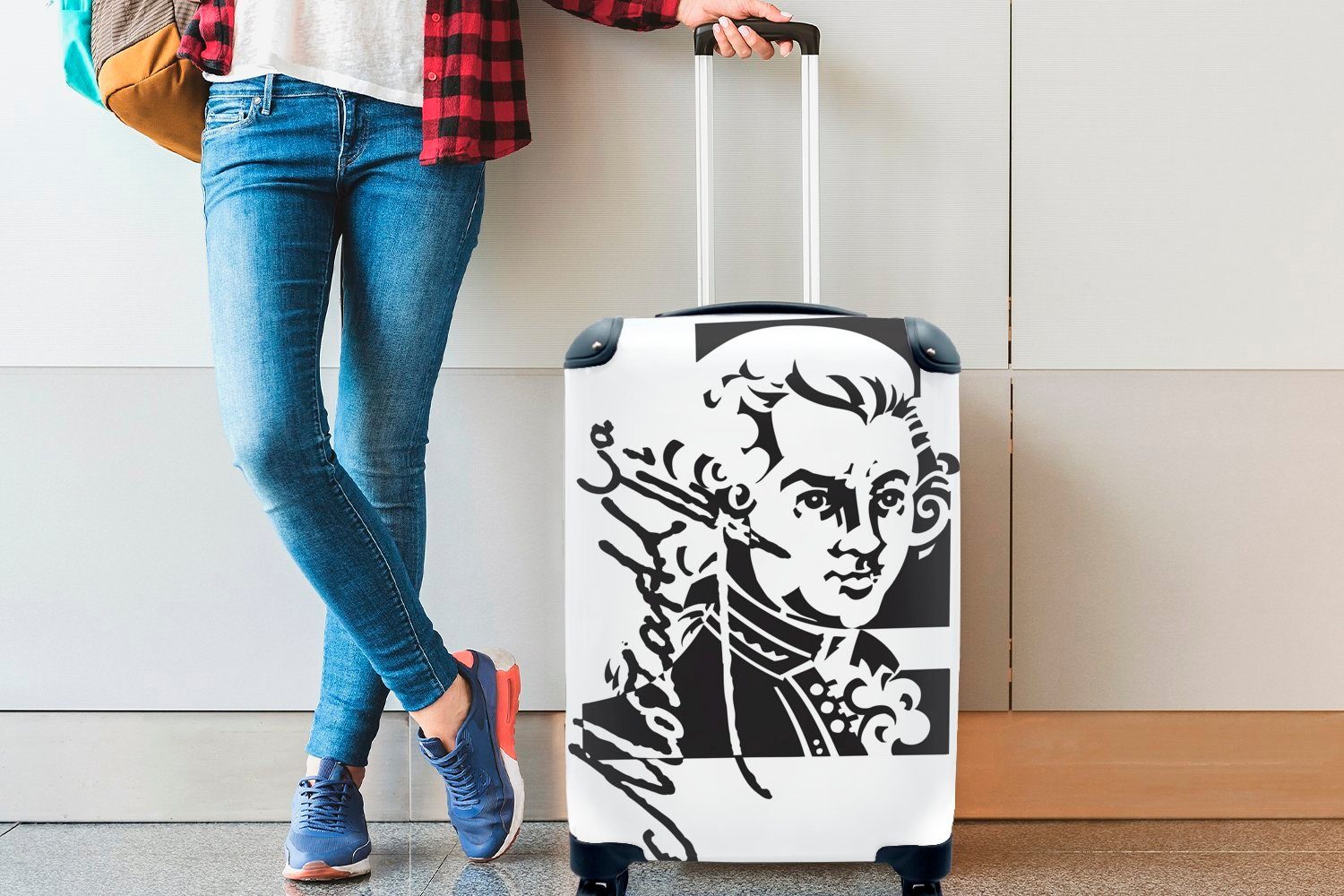 Handgepäck und schwarz-weiß, in Ferien, Mozart rollen, für Rollen, Unterschrift Handgepäckkoffer MuchoWow von mit Trolley, Reisekoffer Illustration 4 seiner Reisetasche