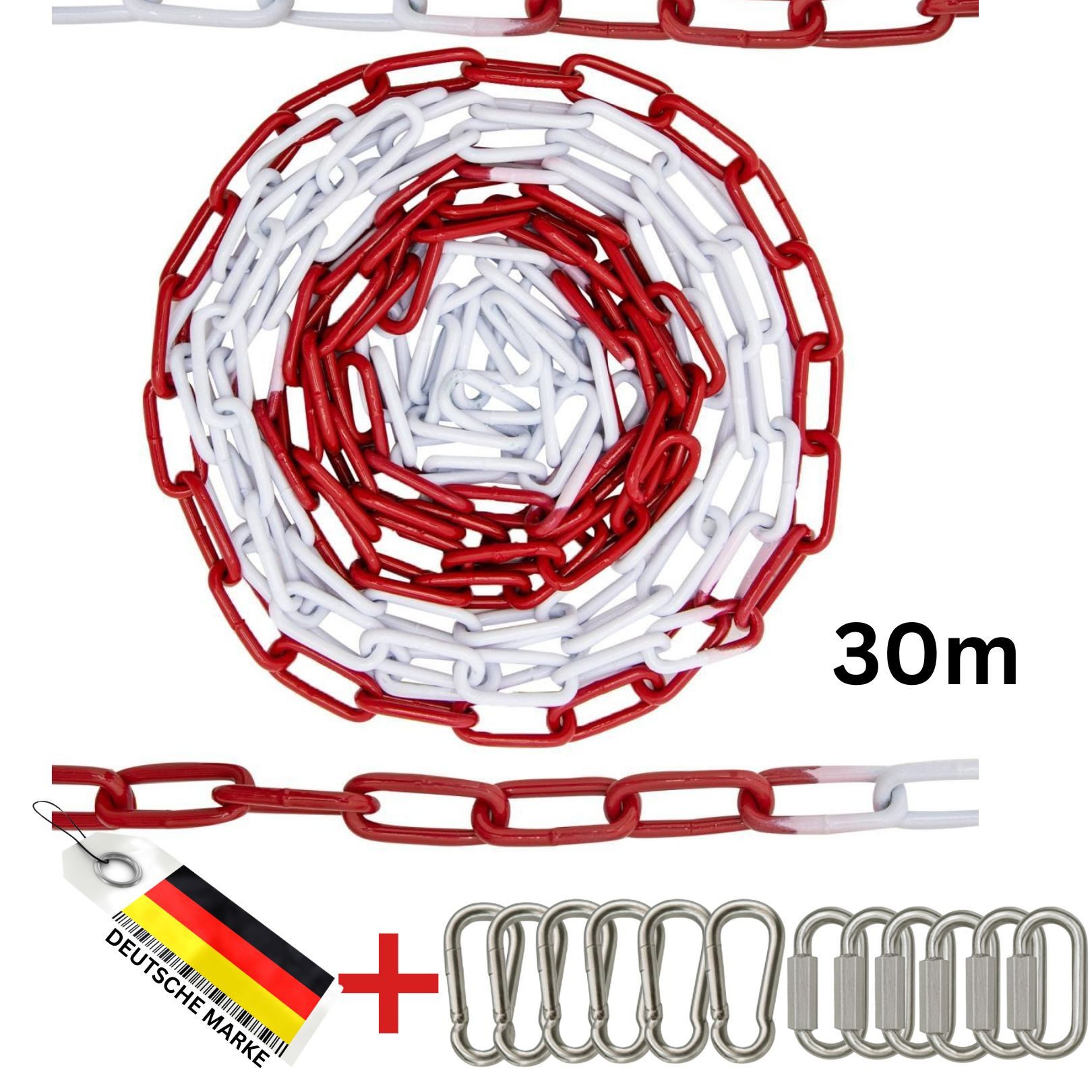 FAMEX Absperrkette 30m Stahlkette Rot Weiß, (Warnkette, Sicherheitskette) Karabinerhaken, Notglied, wetterfest