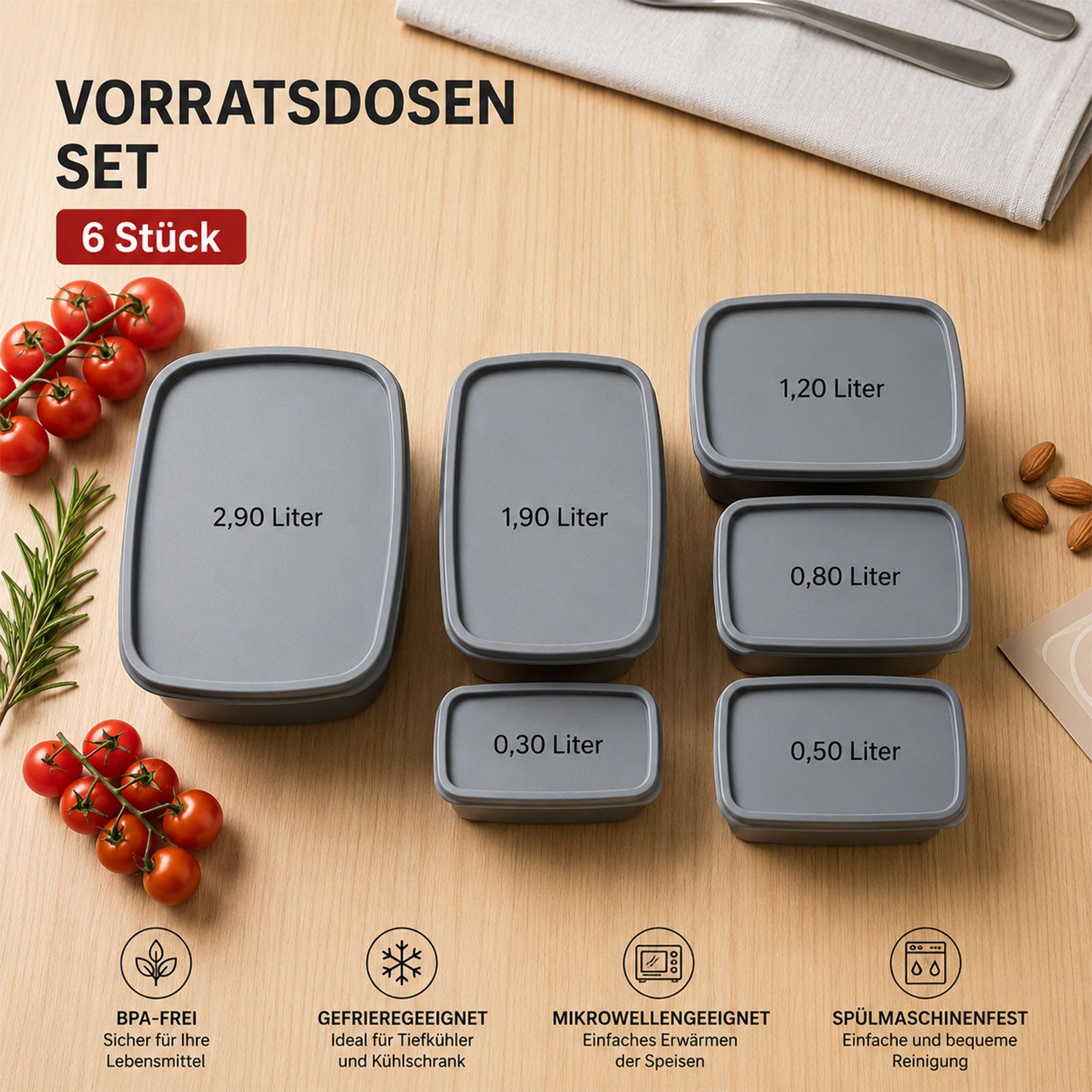 Jungengel Frischhaltedose Vorratsdosen Set 6-teilig Stapelbar Aufbewahrungsdosen Gefrierdosen, (Vorratsdosen-Set, 6-tlg., 6 passende Deckel, 6x Vorratsdosen in unterschiedlichen Größen), BPA-Frei, Gefriergeeignet bis -25 °C, Hitzebeständig bis ca. +95 °C