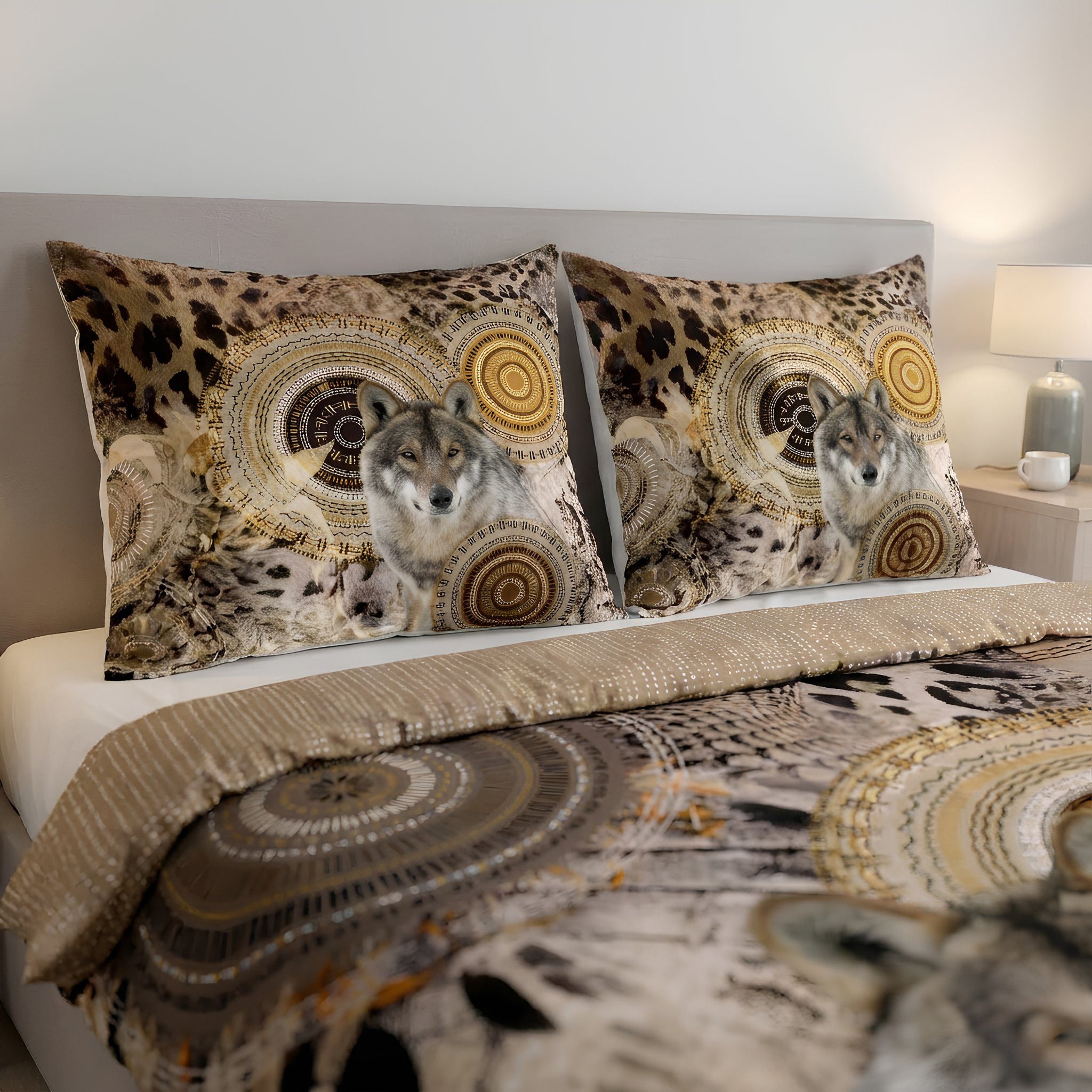 Traumschloss Bettwäsche Comfort Baumwolle, Flanell, 2 teilig, beige Mandalas mit Wolf