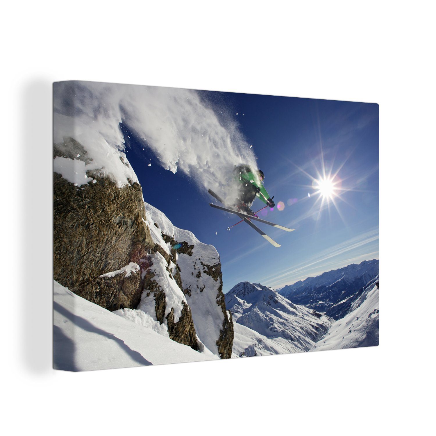OneMillionCanvasses® Leinwandbild Action-Aufnahme eines Skifahrers beim Sprung von einem Felsen, Fotodruck (1 St), Leinwand Bilder Klein, Wand Dekoration Aesthetic 30x20 cm
