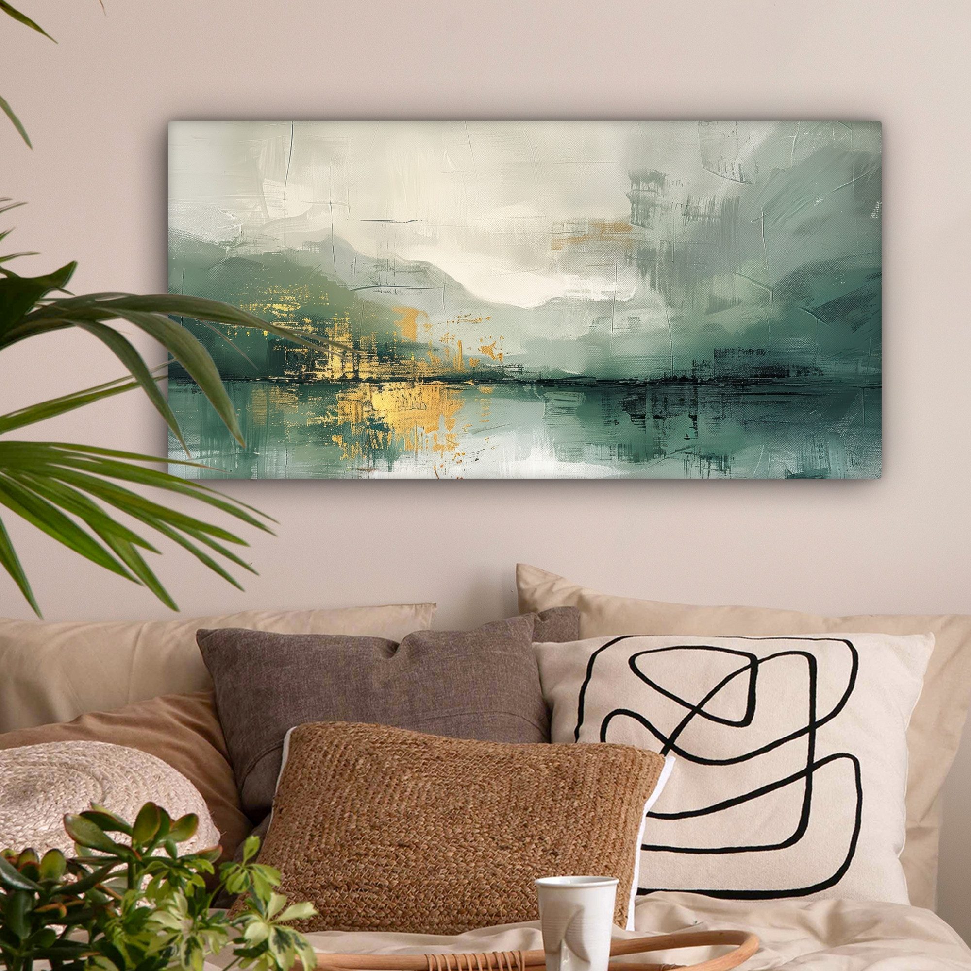 OneMillionCanvasses® Leinwandbild Panorama Grün - Modern - Abstrakt - Gold, Fotodruck (1 St), Wandbild XXL für Wohnzimmer Küche 100x50 cm