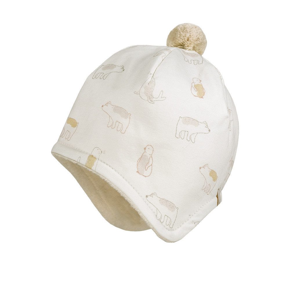 MAXIMO Jerseymütze GOTS BABY-Inkamütze, Pompon Jersey bedruckt, Teddyfutter (1-St) Baumwolljersey