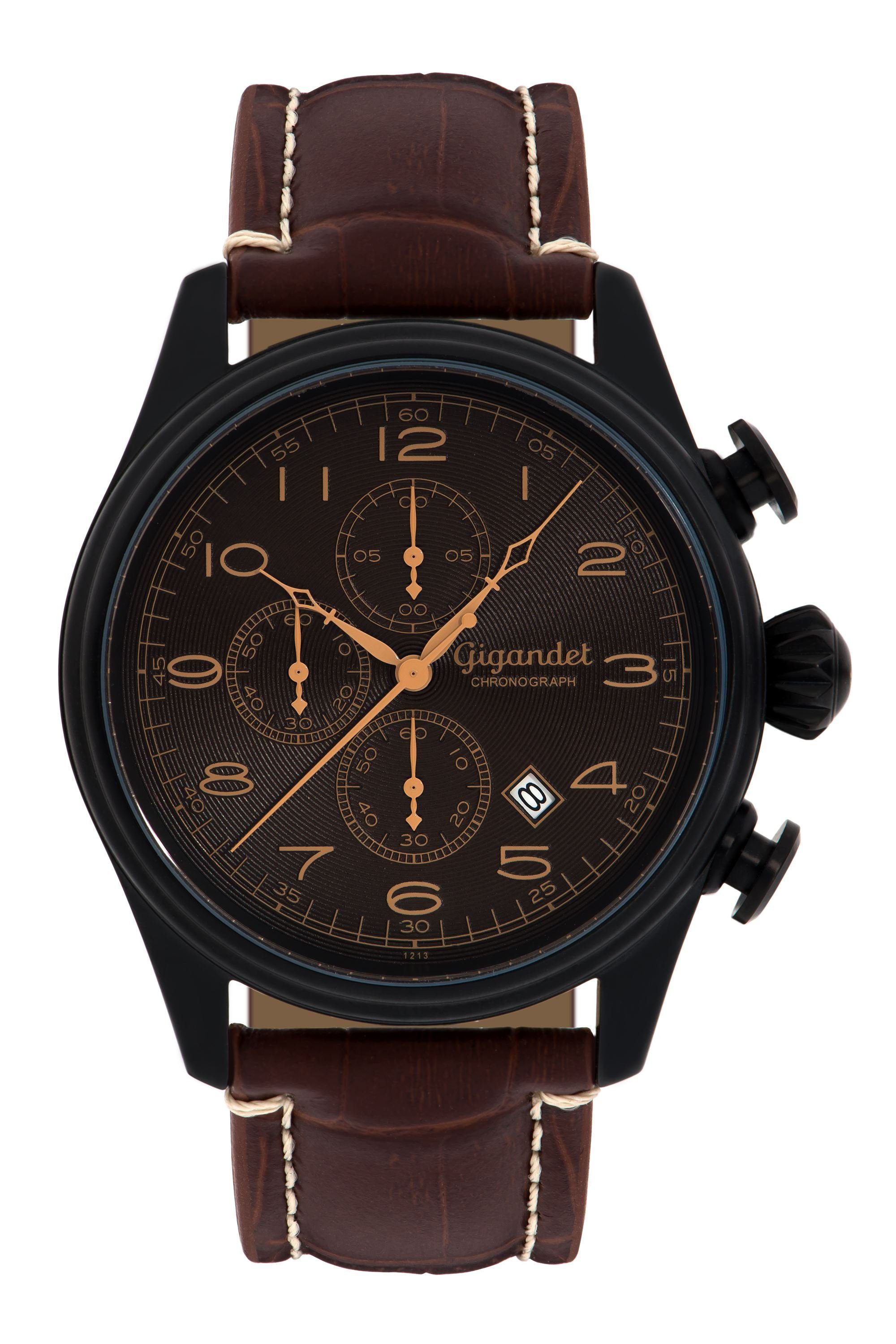 Gigandet Chronograph Armbanduhr, Herrenuhr, Fliegeruhr, 46mm, TIMELESS G41-005, Mineralglas, Datumsanzeige, Lederband, 5bar/50m wasserdicht