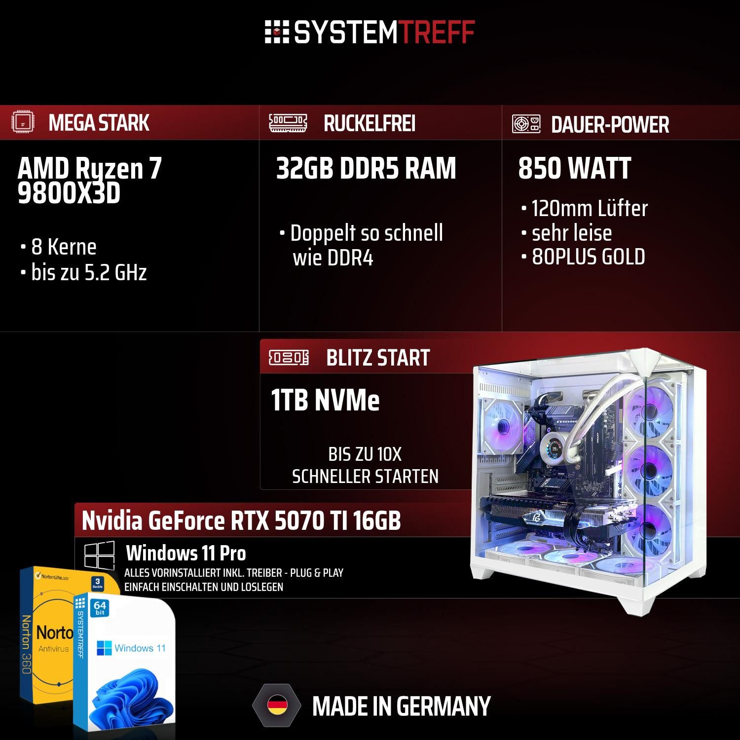 SYSTEMTREFF AMD Ryzen 7 9800X3D mit Nvidia GeForce RTX 5070 TI 16GB Gaming-PC (AMD 9800X3D 9800X3D, Nvidia GeForce RTX 5070 Ti, 32 GB RAM, 1000 GB SSD, Wasserkühlung)