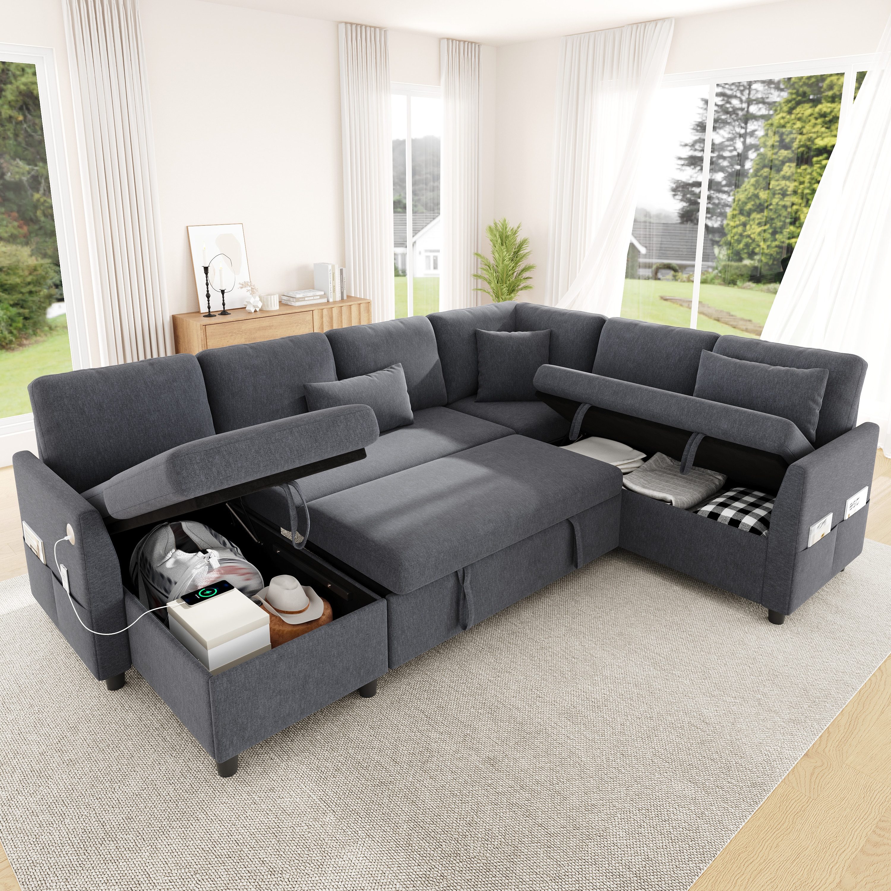 Merax Ecksofa mit Schlaffunktion, Eckcouch mit Chaiselongue, ausziehbares Schlafsofa, links/rechts montierbar, 255 x 196 x 85 cm 1 Teile, L/U-Sofa mit verstecktem Stauraum,USB & Type-C, Seitentaschen,3 Kissen