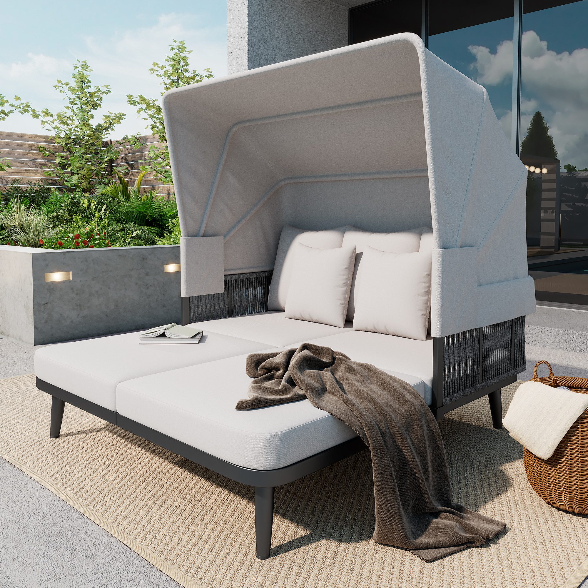 Celya Gartenlounge-Set Gartenmöbel für 2 Personen, Strandkorb, Gartenliege, Sonnenliege, (handgewebtes Seil, Grau), einziehbare Markise, verzinkter Stahlrahmen, 10 cm dicke Kissen