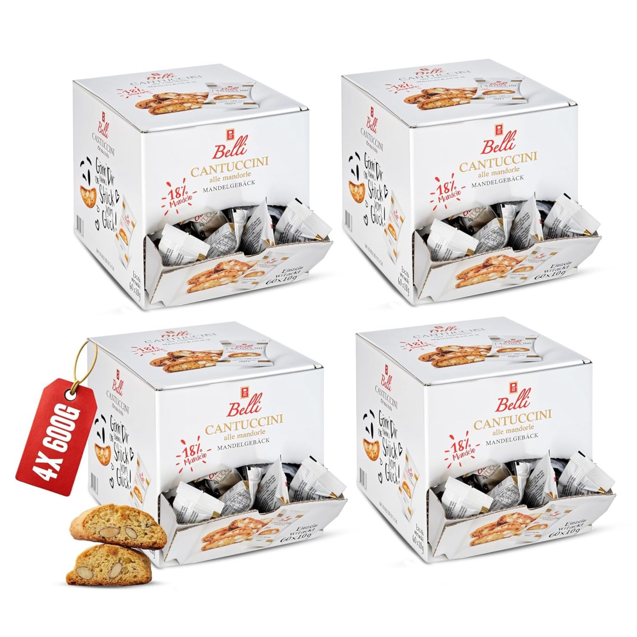 Belli Cantuccini Kekse Belli Cantuccini Mandelgebäck 4x 600g mit 18% Mandel-Anteil, 4 x 600 g, (60 Kekse pro Box, Italienische kekse)