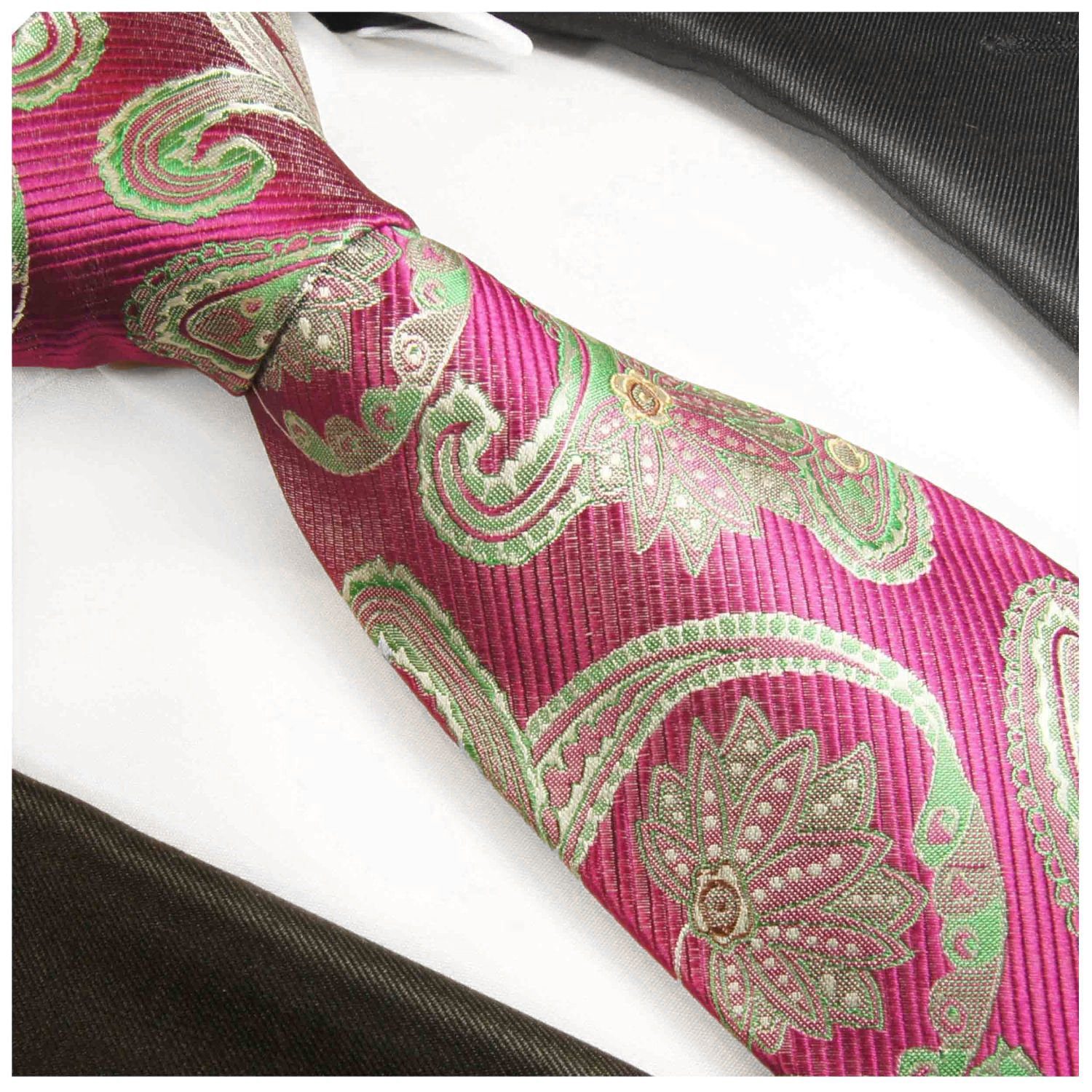 Paul Malone Krawatte Seide Herren 2026 mit grün (Set, paisley (6cm), Tuch 2-St., pink modern Einstecktuch) mit Krawatte Schmal 100% brokat Seidenkrawatte