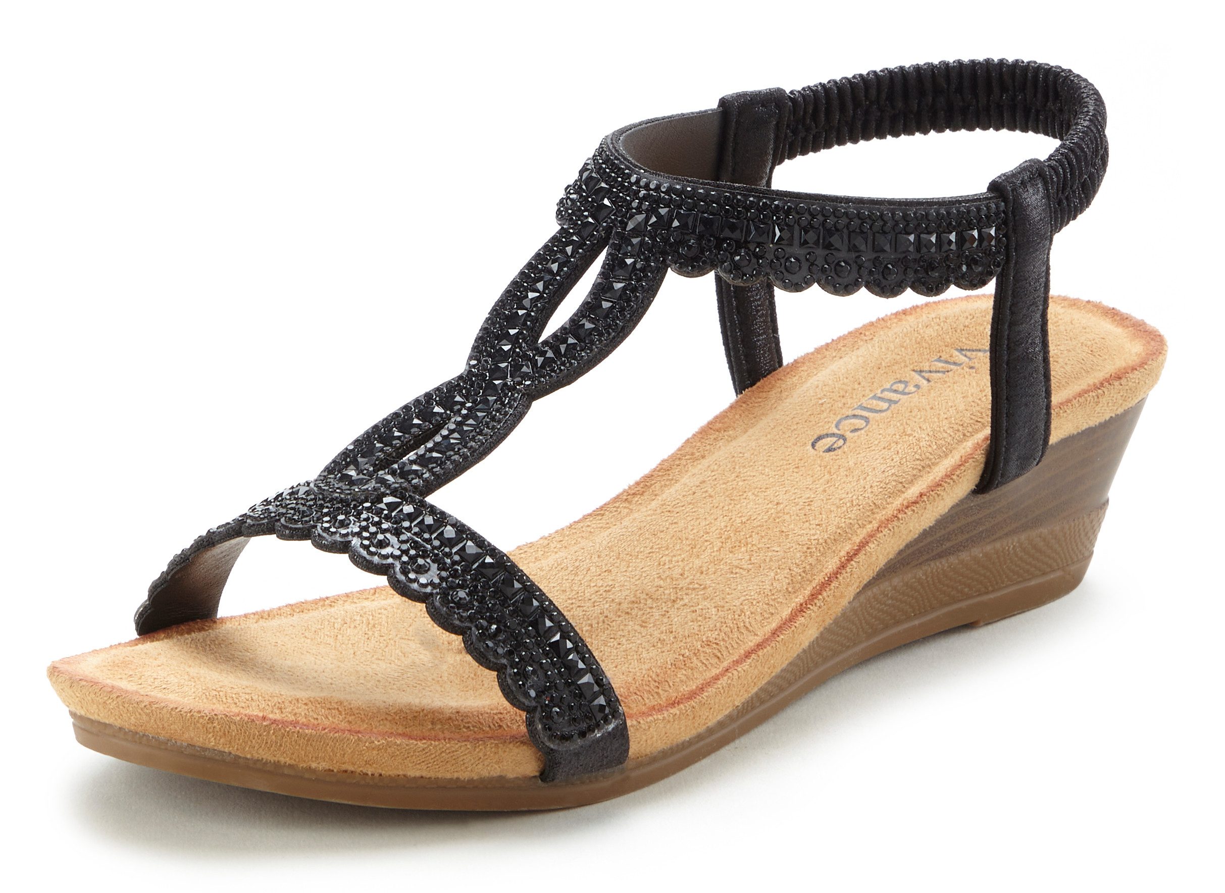 Vivance by Lascana Sommerschuh, offener Schuh, Sandale, Keilsandalette, Sandalette mit Glitzerdetails, Keilabsatz & elastischem Riemchen VEGAN – Bild 2 von 5