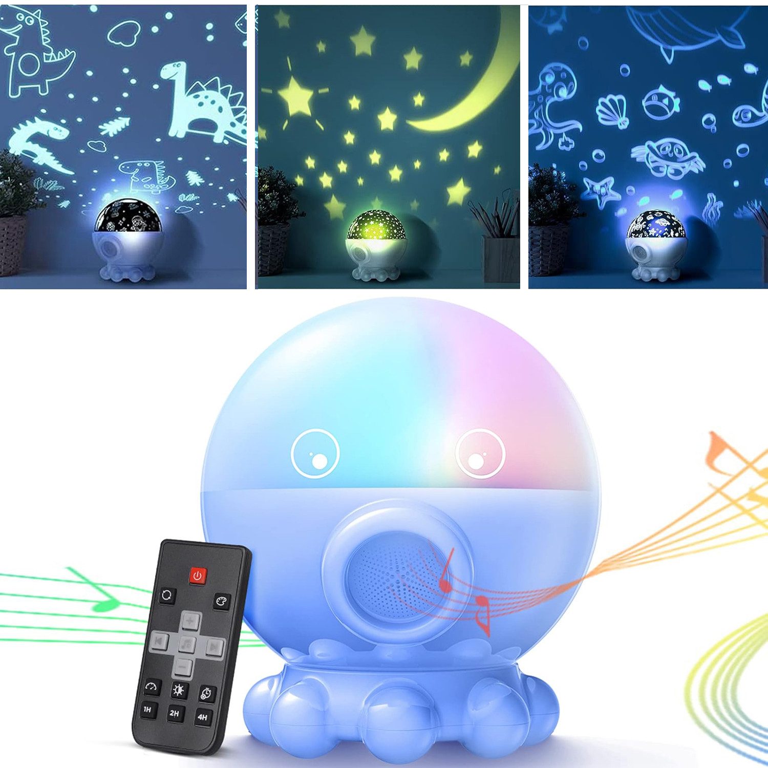 PRIISF Projektionslampe Sternenhimmel Projektor Kinder LED Nachtlicht Baby Nachttischlampe, Aufladbar, Mond Stern Projektor LED Nachtlampe Zimmer Atmosphäre Dekolicht, 360 Grad Projektionslampe Stern, Mond, Meereswelt, Dinosaurier Leuchte, Einschlafhilfe und Entspannung Geschenk für Jungen Mädchen Zimmer Deko