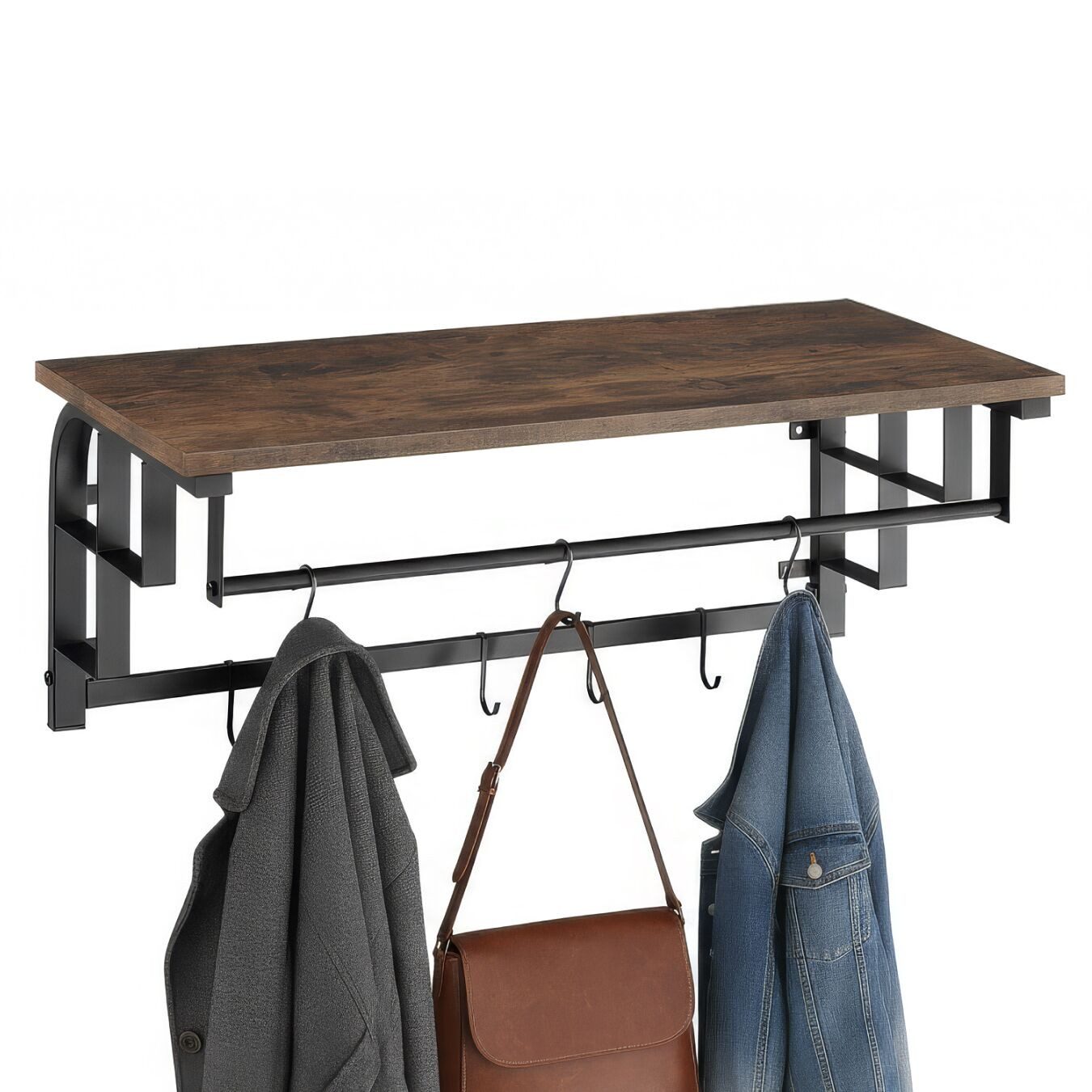 tectake Garderobe Kleiderständer, 66 x 30 x 27 cm, Industrial Style, Holz und Stahl (Flurmöbel Westwood, in Industrial Holz dunkel, rustikal), Ausgestattet mit Ablage & 5 abnehmbaren Haken, große Hängestange