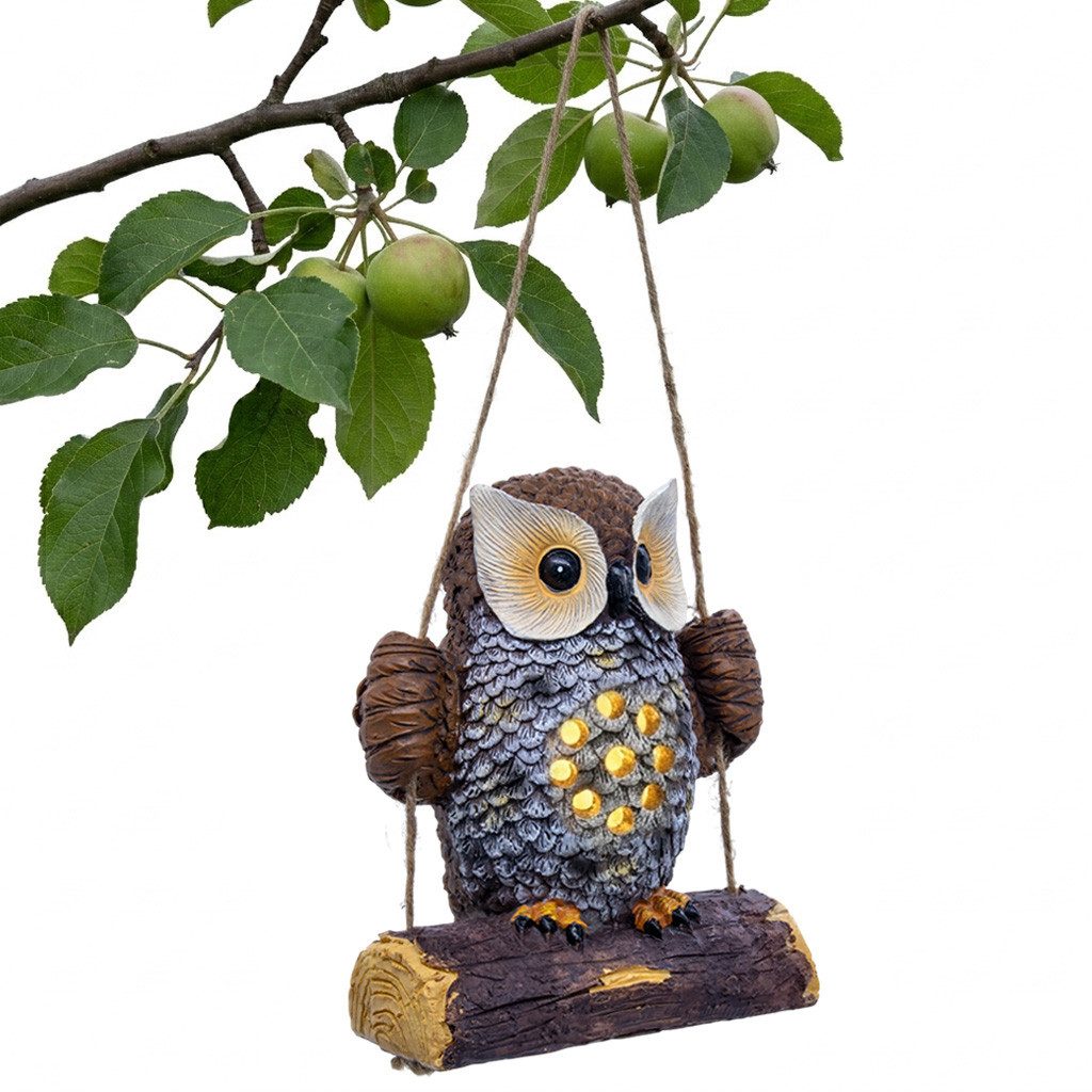 Spetebo LED Dekofigur Solar Gartenfigur Eule auf Schaukel zum Hängen, Einschaltautomatik, LED fest integriert, warm weiß, Eulenfigur warm weiß beleuchtet wasser – Bild 4 von 5