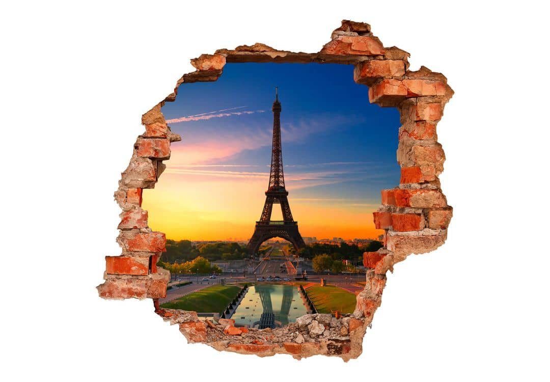 K&L Wall Art Wandtattoo 3D selbstklebend Sonnenuntergang, Wandtattoo Wandbild Wandsticker Mauerdurchbruch Eiffelturm Paris Frankreich