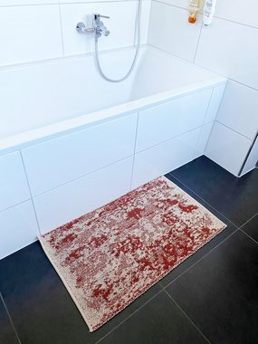 Badematte Premium Design Badezimmerteppich, 55x90 cm, Farbe rot beige ADOB, kurzflorig, warm, fußbodenheizungsgeeignet, schnell trocknend, strapazierfähig, Baumwolle, rutschfest