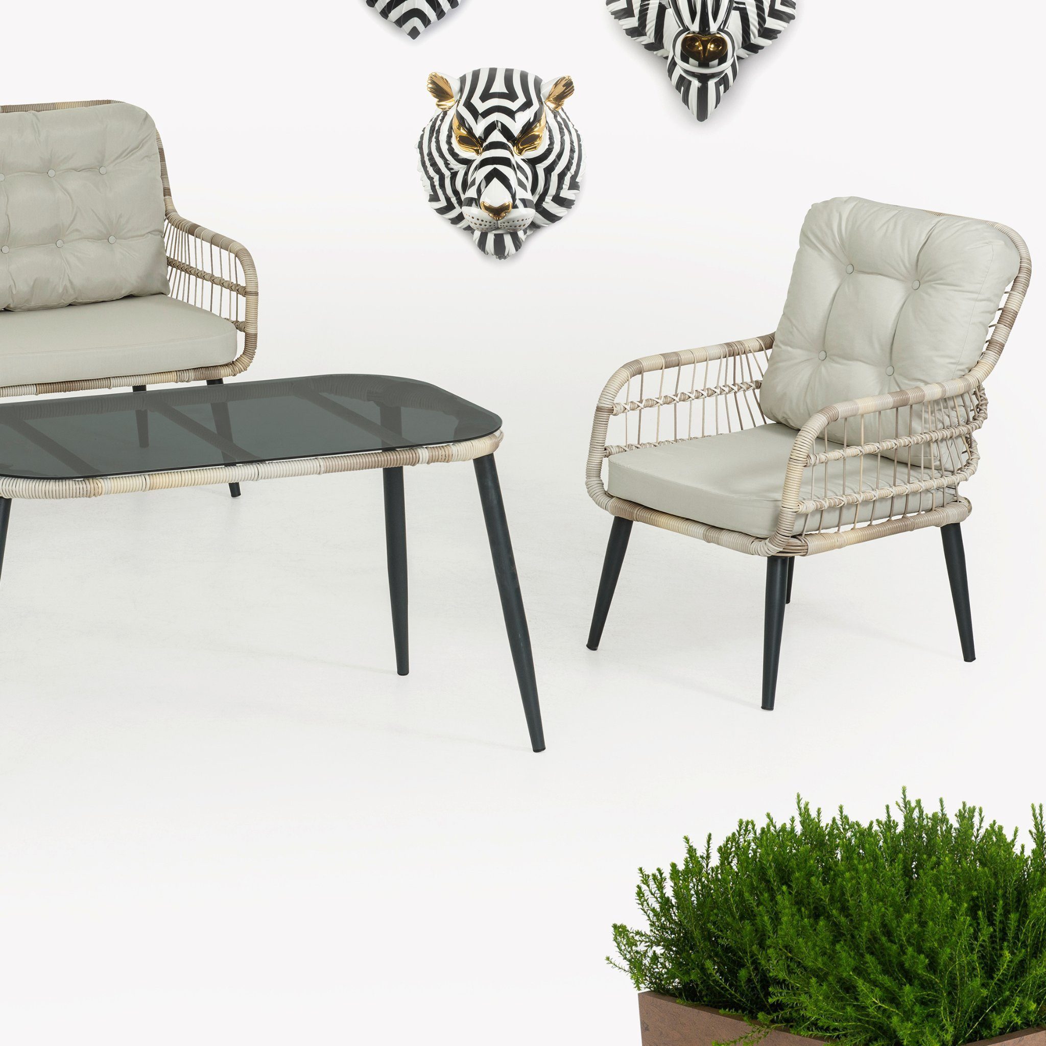 Capri Swing Gartenlounge-Set Rattan Lounge Gartenmöbel Set 4 Personen Bistroset mit Stühle & Bank