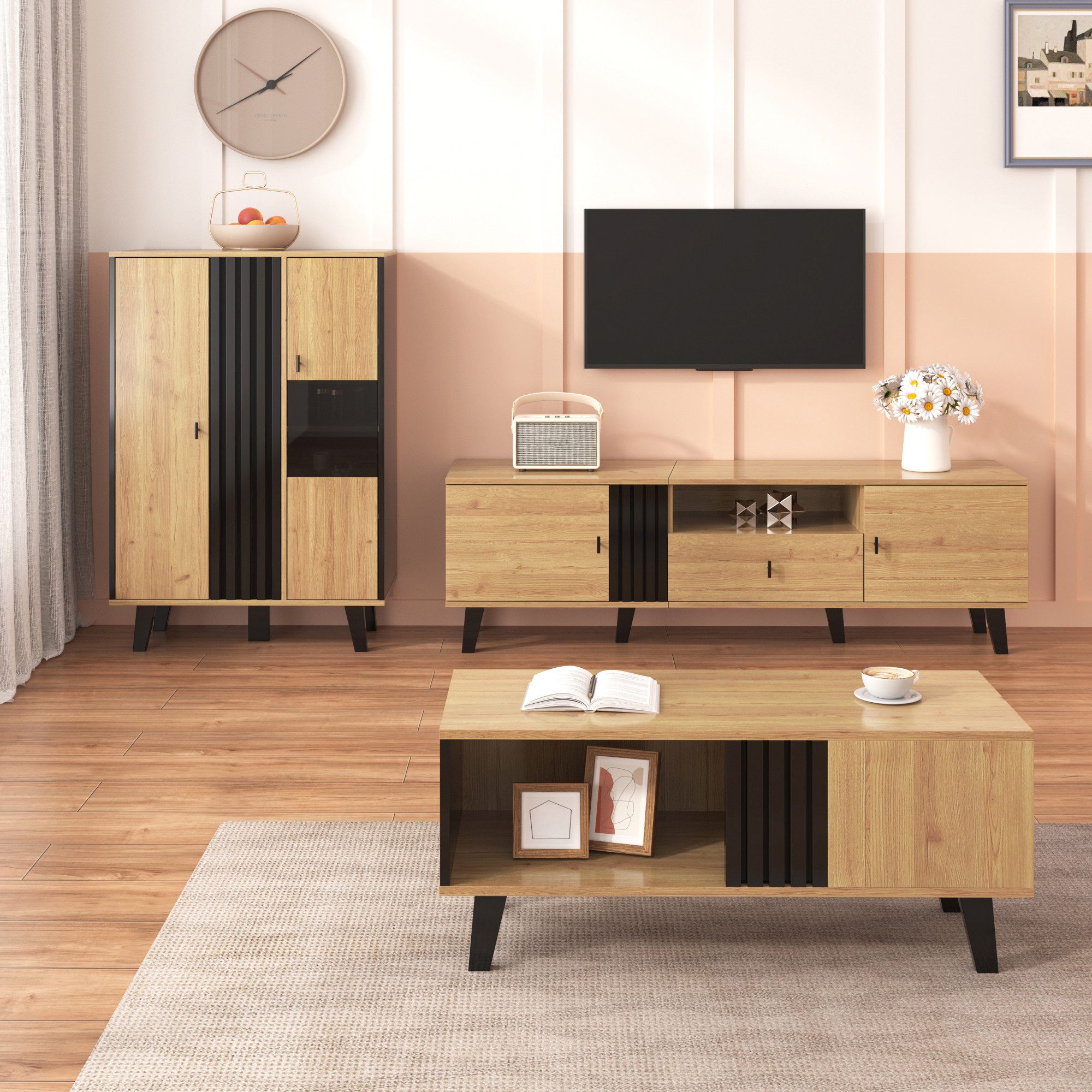 Fine Life Pro Couchtisch Wohnzimmerset: Couchtisch+TV-Schrank+Sideboard, Holz/Schwarz, Viel Stauraum, modernes Design, stilvolle Eleganz für jedes Zuhause.