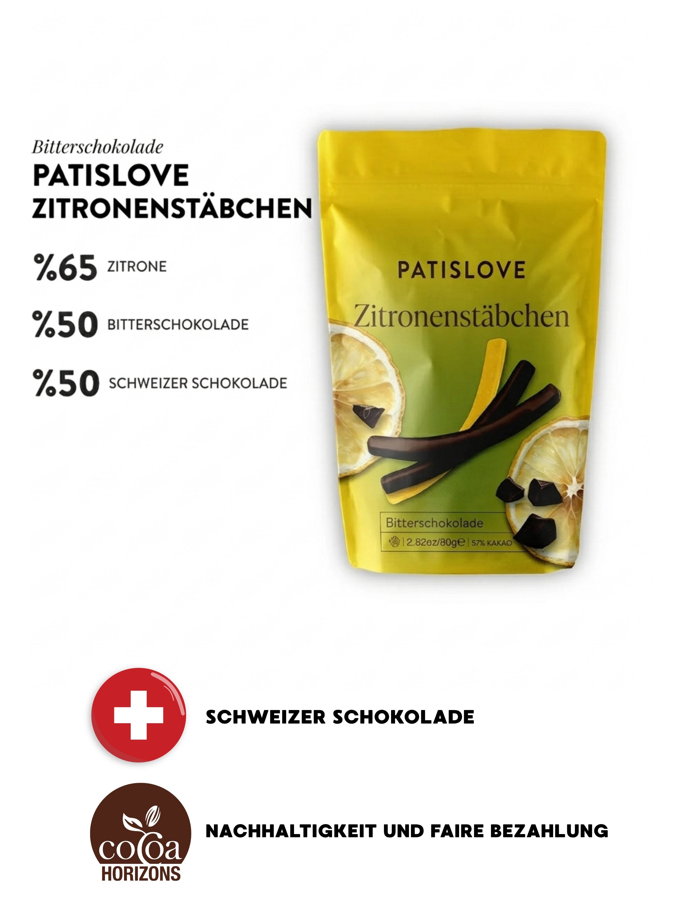 PATISLOVE Schokolade Patislove Zartbitterschokolade Zitronen-Sticks, Schoko-Stäbchen, 80g, Ohne künstliche Farbstoffe, Spritzige Zitronenfüllung
