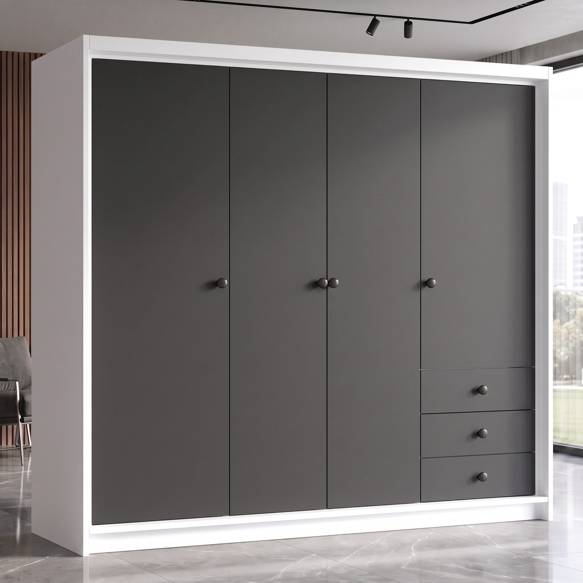 A&J MöbelLand GmbH Drehtürenschrank FALKEN– viertüriger Kleiderschrank 200 cm (Geräumiger viertüriger Kleiderschrank mit Schubladen. Geräumiger Schrank mit einer Breite von 200 cm und Schubladen, ideal zur Aufbewahrung von Kleidung und Accessoires. Viel Stauraum. TOP PRODUKT! Wählen Sie das ideale Modell für Ihr Schlafzimmer!, TOP ANGEBOT) Breite: 200 cm, Höhe: 215 cm, Tiefe: 59,5 cm