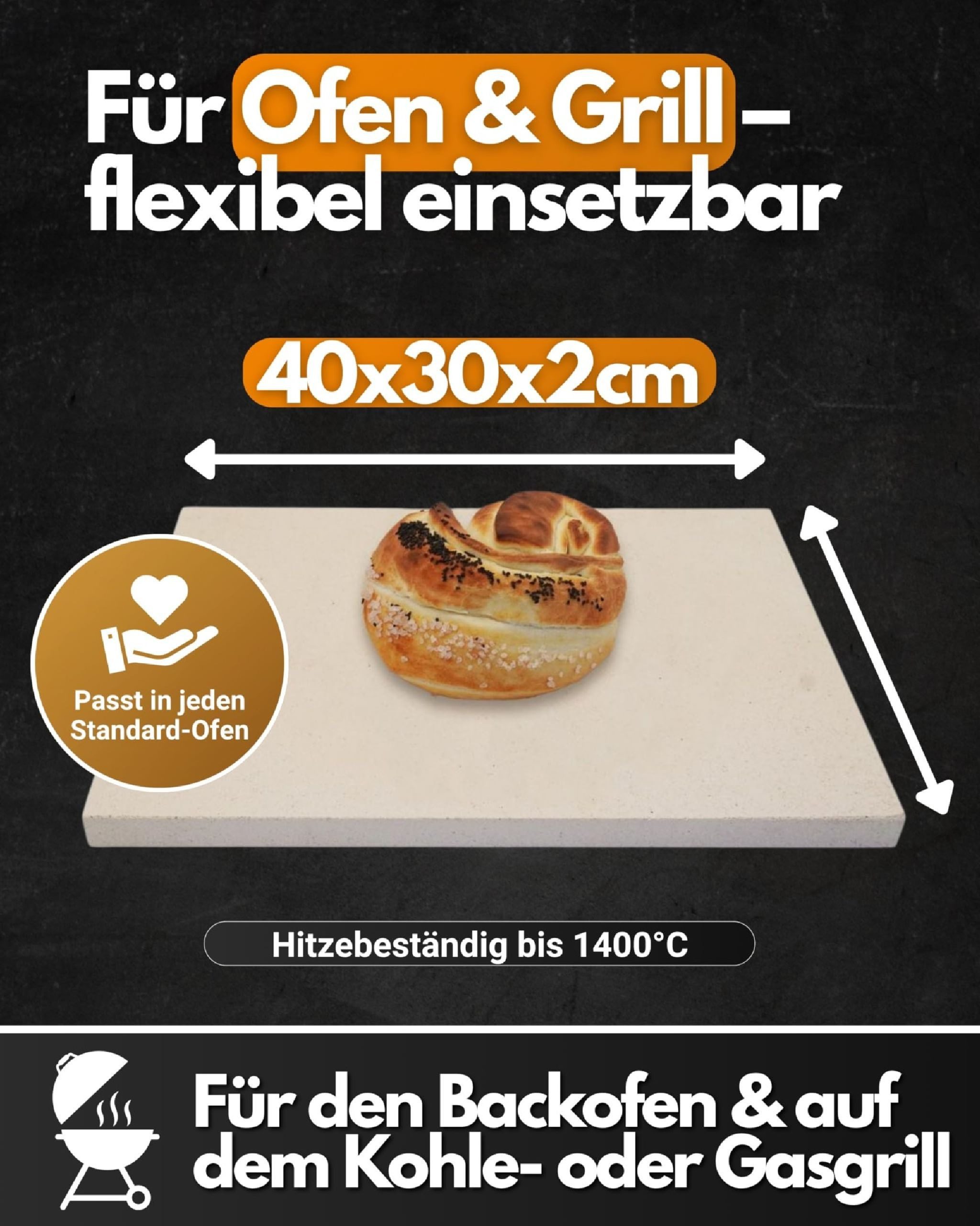 Feuerfest 123 GmbH Backstein Brotbackstein 40 x 30 x 2 cm Schamotte und Brotbackschieber 28 x 32 cm, (im Set, Brotbackstein rund inkl. Schieber aus Edelstahl), Für Backofen & Grill für einen unverwechselbaren Geschmack