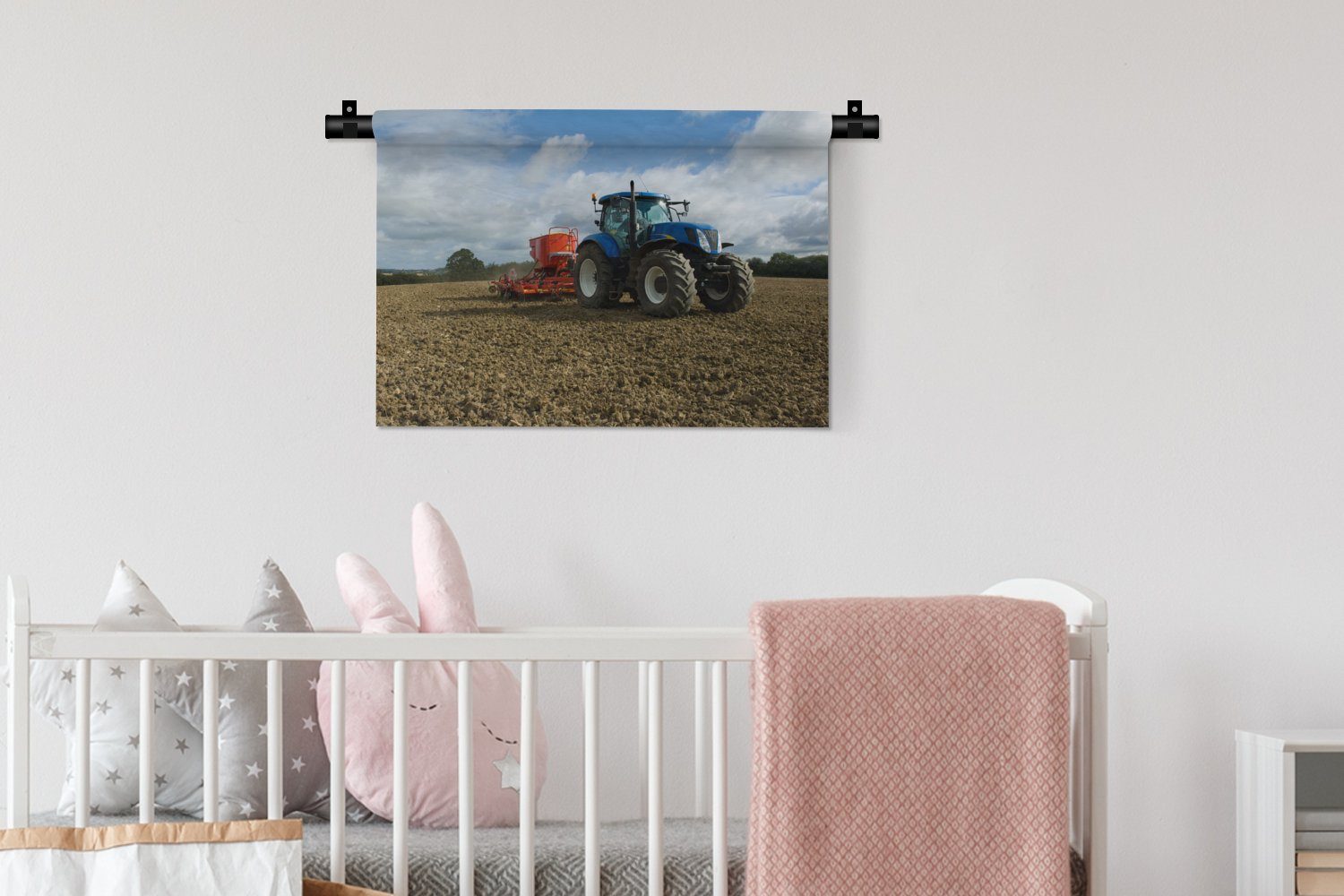 Traktor Kinderzimmer Wolken, MuchoWow Schlafzimmer, Landleben für Wohnzimmer, - - Kleid, Blau Wandbehang, Wanddeko - Wanddekoobjekt