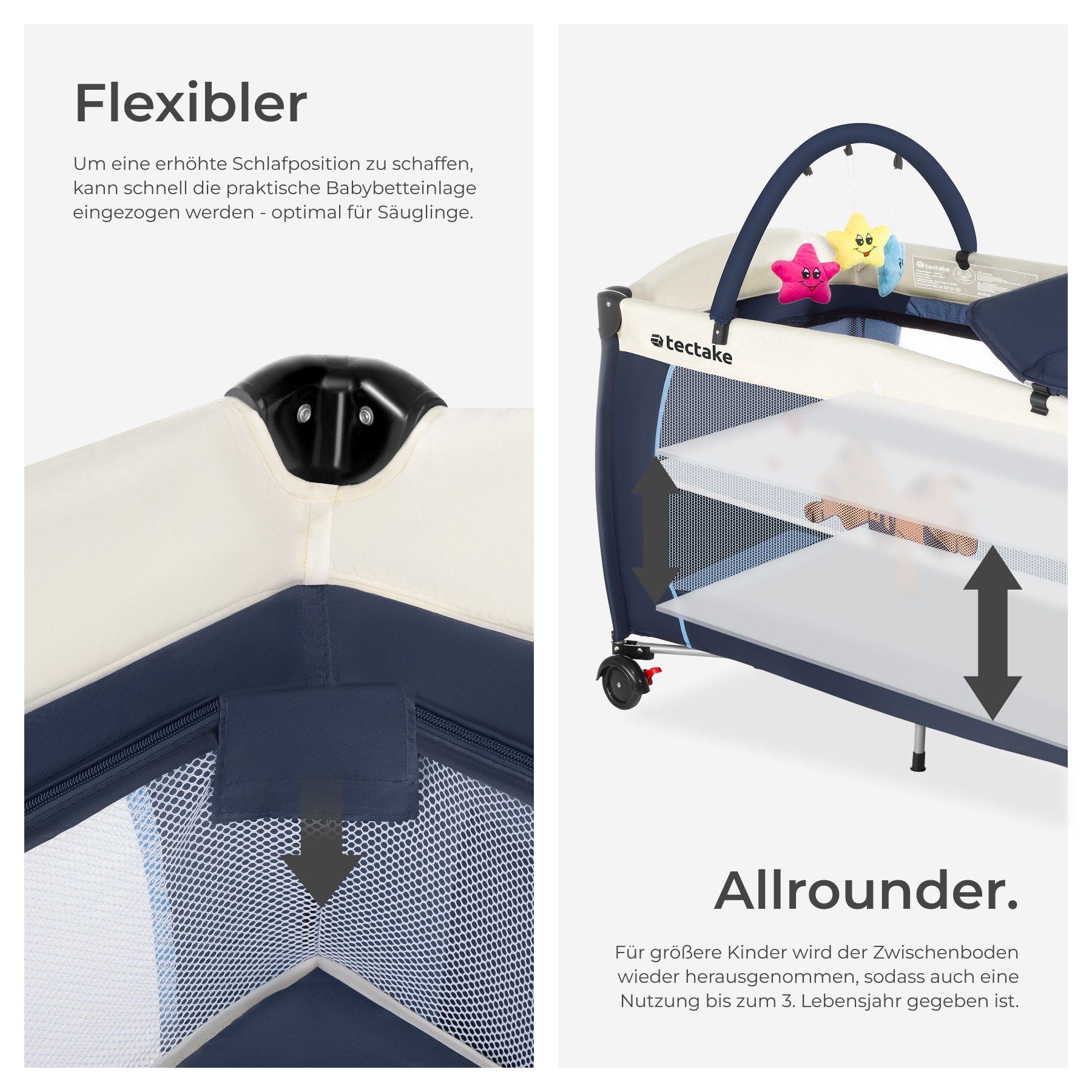tectake Baby-Reisebett Kinderbett mit Wickelauflage und Transporttasche 132x75x104cm, mit großen Mesh-Einsätzen, Wickelauflage und Seiteneingang in blau